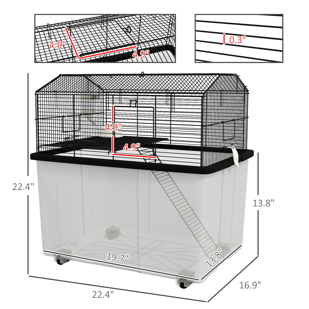 22" 2-Tier Hamster Cage with Extra-Deep 14" Base, Small Animal Cage with Ramp, Water Bottle, Food Dish, Wheels, Black