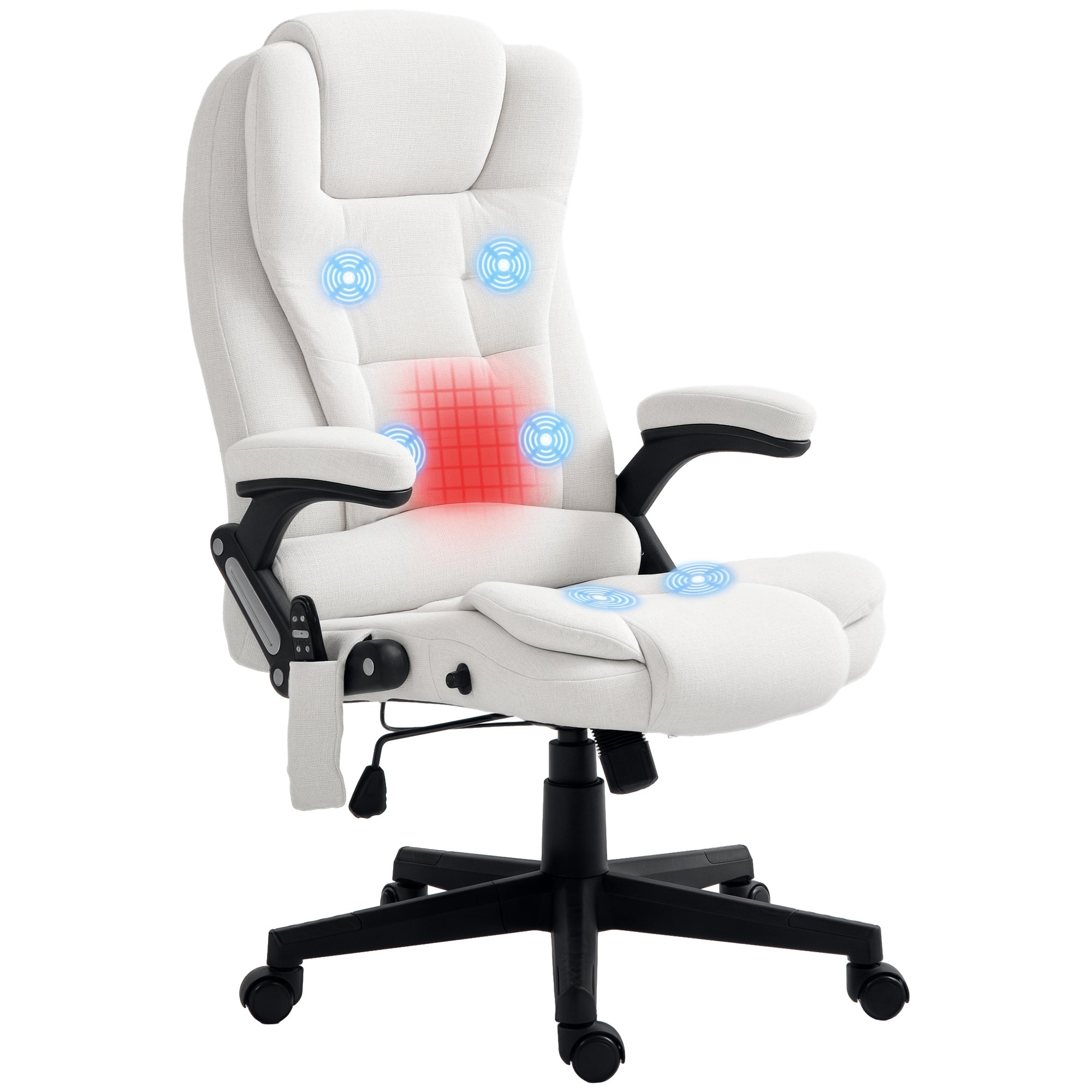 6 Point Vibrating Massage Office Chair with Heat, Linen High Back Massage Desk Chair with Reclining Backrest, White