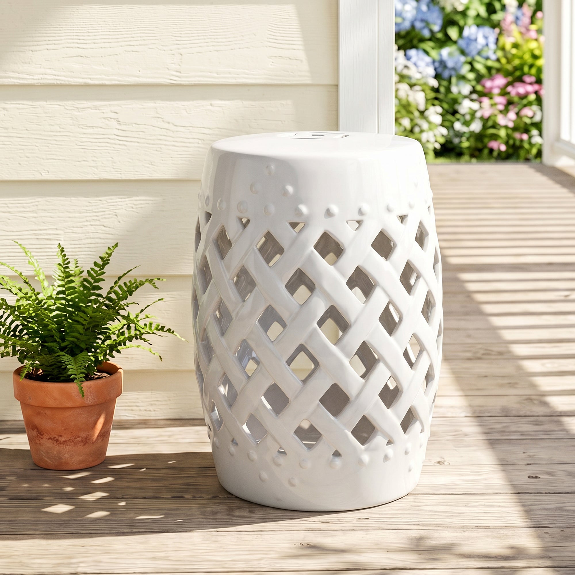 12.5" x 18" Ceramic Garden Stool with Woven Lattice Design & Glazed Strong Materials Decorative Outdoor Stool, White