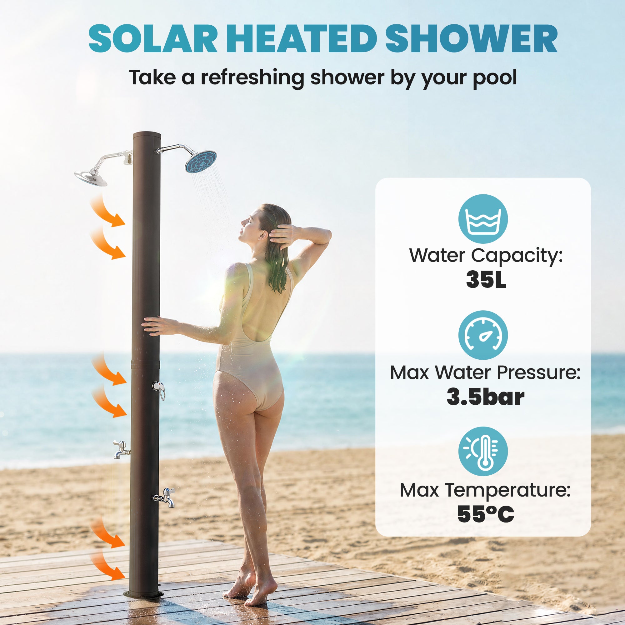 9.2 Gallon Slolar Heated Outdoor Shower with 2 Free-Rotating Shower Heads and Foot Showers for Poolside Beach Spa, 7.1ft