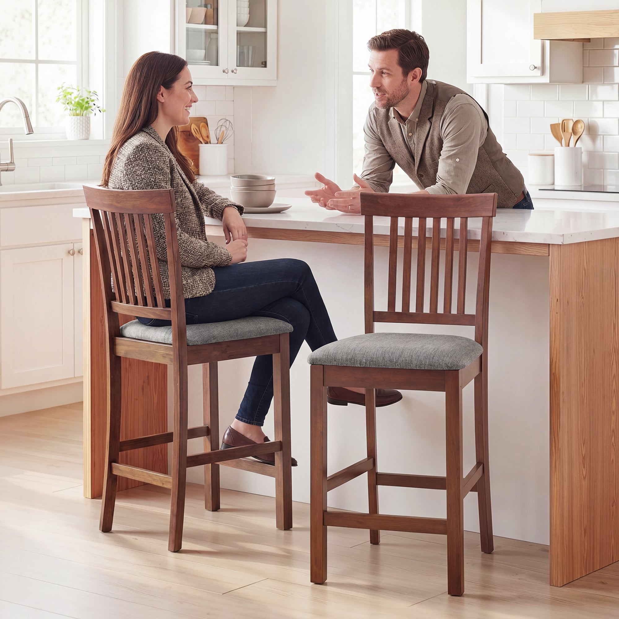 Counter Height Bar Stools with Padded Seat, High Back Kitchen Chairs Set of 2 for Dining Room, Gray and Dark Brown