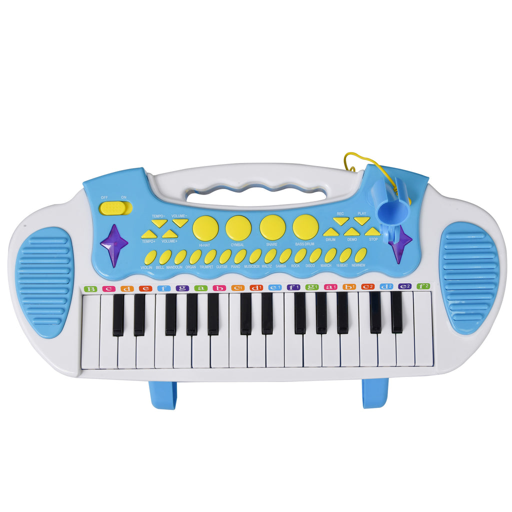 31-Key Kids Toy Keyboard Piano, Electronic Musical Instrument with Multiple Sounds, Stool, Microphone and Bright Flashing Lights, Blue