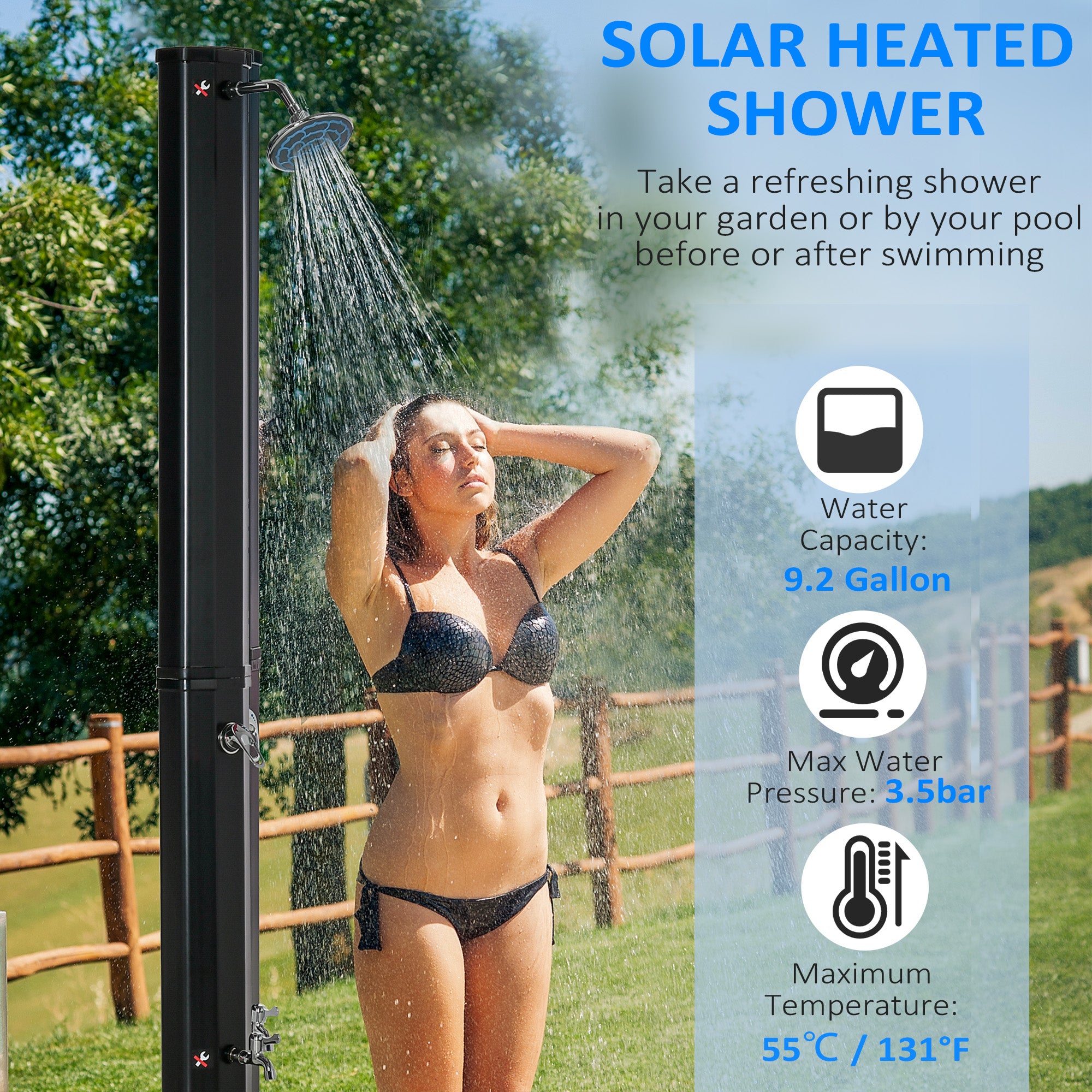 7ft Outdoor Solar Heated Shower with 360 Rotating Shower Head, Foot Shower Faucet, Temperature and Pressure Adjustable, Holds 9.2 Gallons for Backyard Pool
