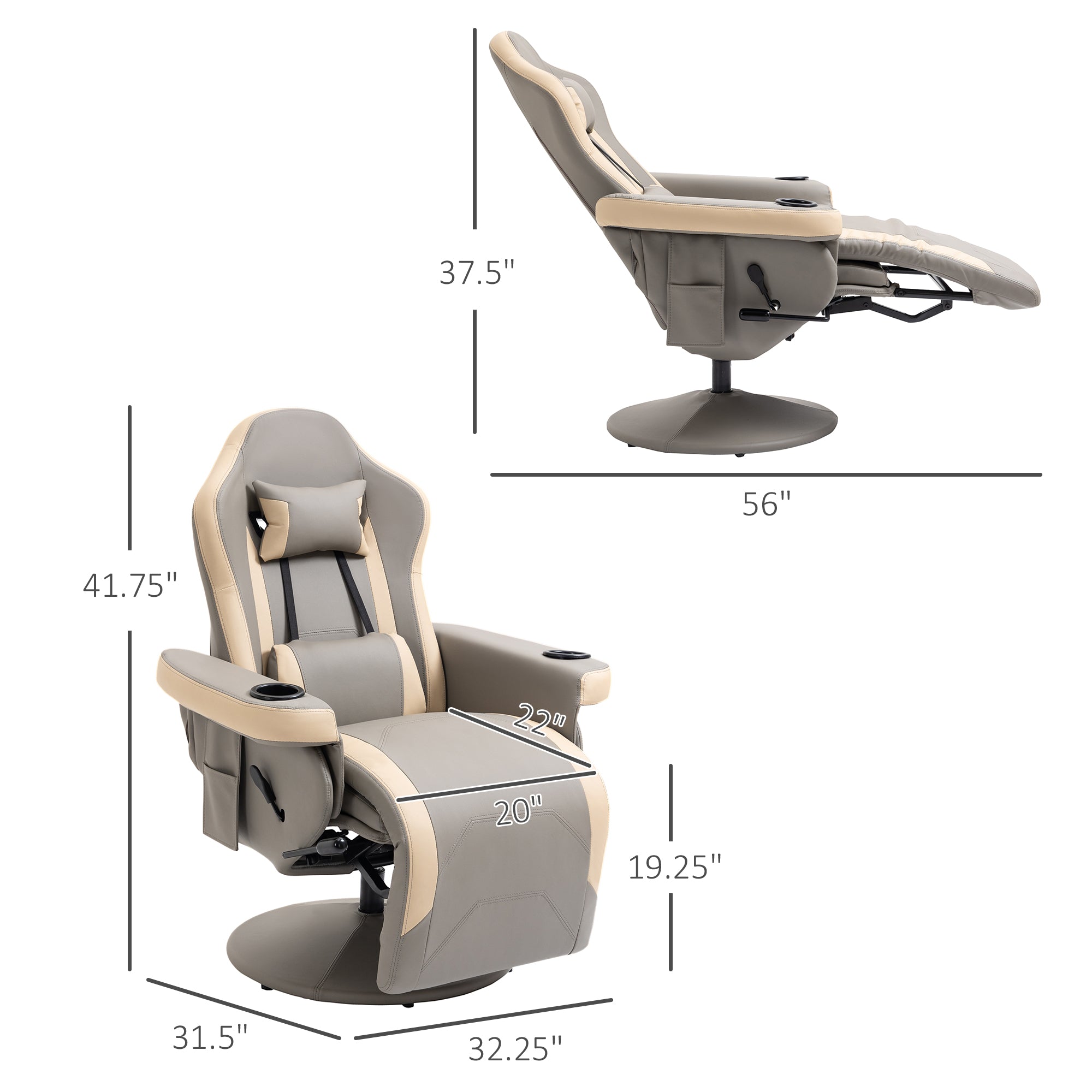 Manual Recliner Armchair PU Leather Lounge Chair w/ Adjustable Leg Rest, 135° Reclining Function, 360° Swivel, Cup Holder and, Storage Pocket