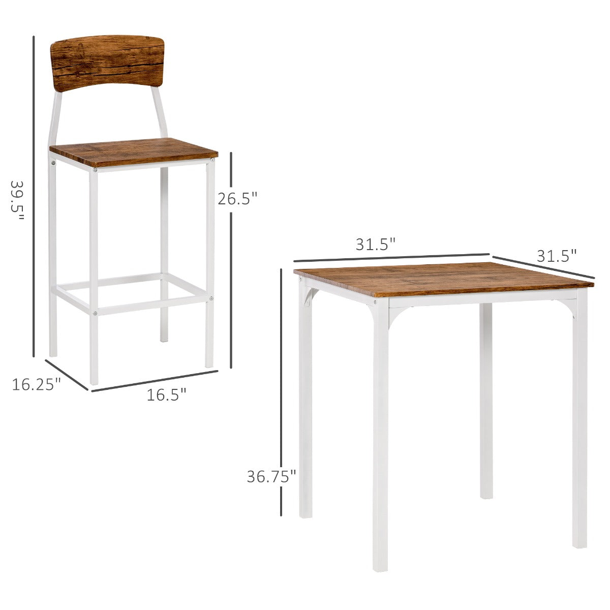 3 Piece Industrial Counter Height Dining Table Set, Bar Table & Chairs with Steel Legs & Footrests, White