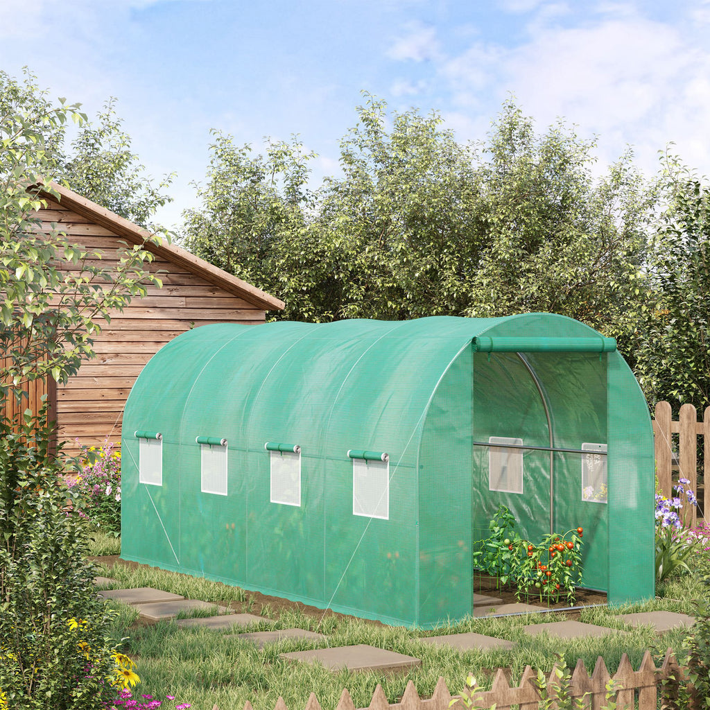 15' x 7' x 6.5' Walk-in Tunnel Hoop Greenhouse, Green House for Outside with PE Cover, Steel Frame, Roll-Up Zipper Door & Windows for Flowers, Vegetables, Tropical Plants, Green