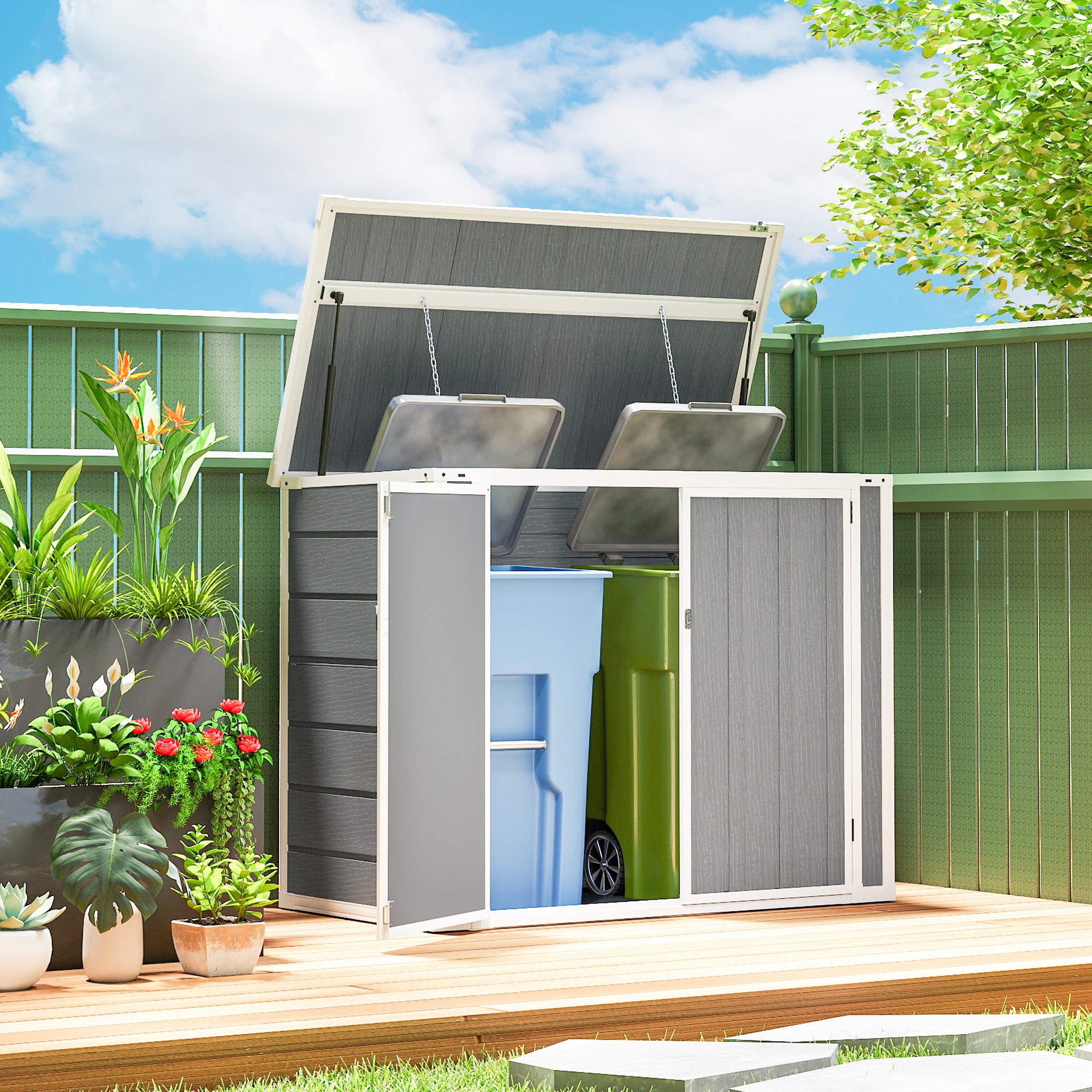 4.7 x 2.5FT Outdoor Horizontal Storage Shed, Lockable Trash Can Storage with Chain Lid, Gray