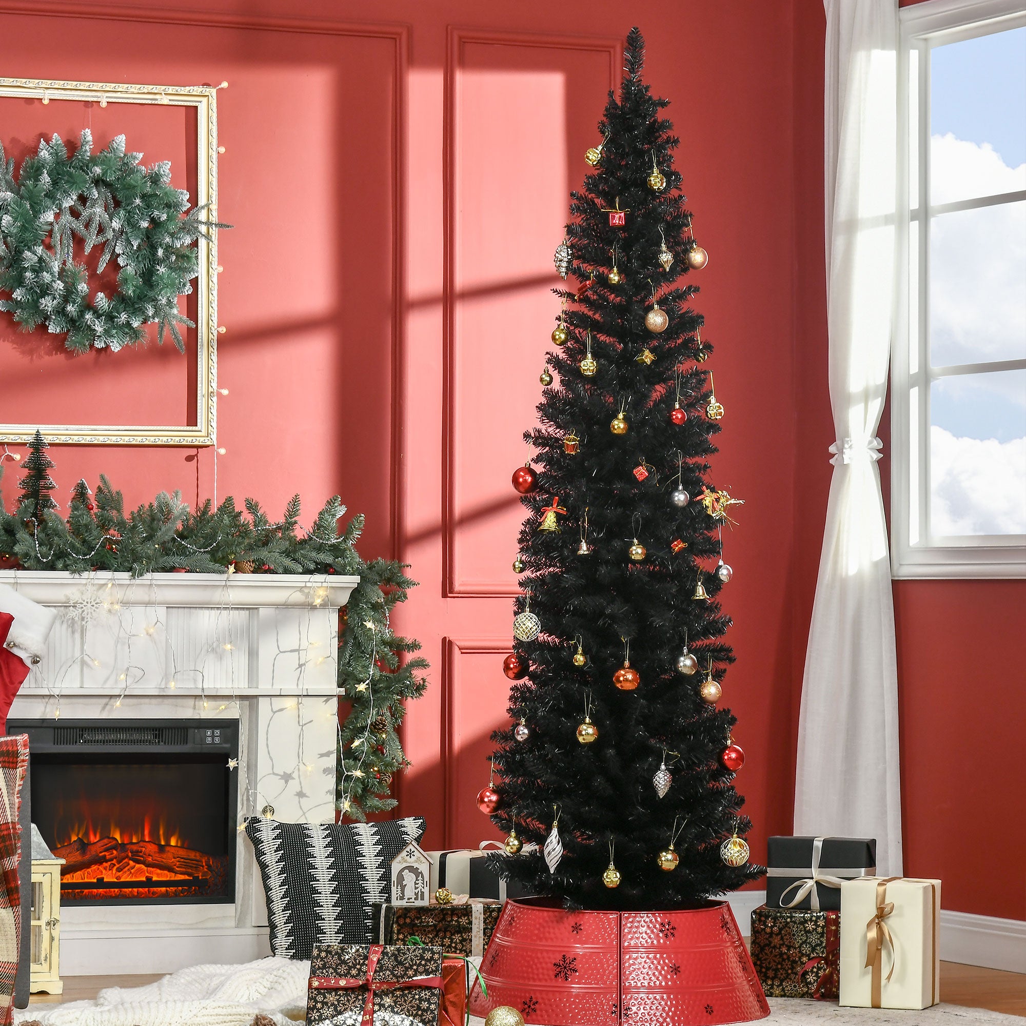 7ft Unlit Pencil Artificial Christmas Tree with Realistic Branches and 499 Tips, Plastic Base, Black