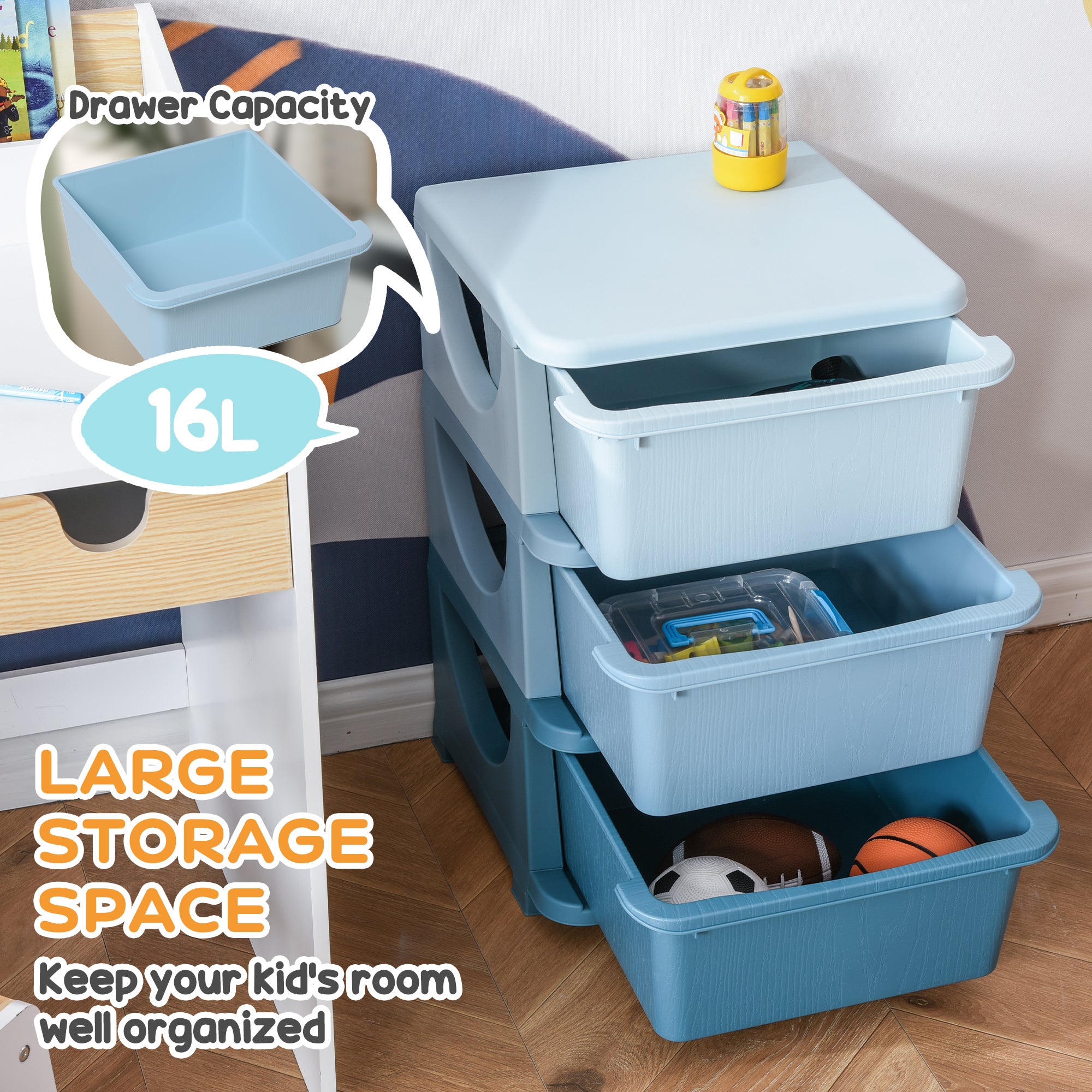 3 Tier Kids Storage Unit, Toy Organizers and Storage with 3 Drawer for Bedroom Nursery Living Room for Boys Girls, Blue