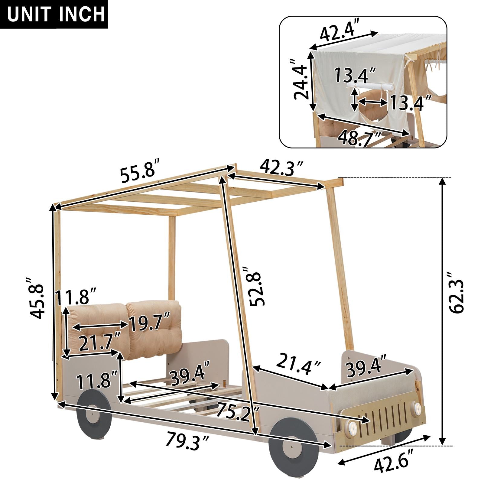 Wood Twin Size Car Bed with Pillow, Ceiling Cloth, LED Lights, and Magazine Holder, 79" L x 42.5" W x 62" H, Natural