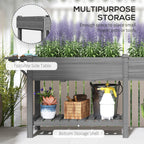 Wood Raised Garden Box, Elevated Garden Bed with Side Table, Bottom Shelf, Bed Liners and Drainage Holes, Gray