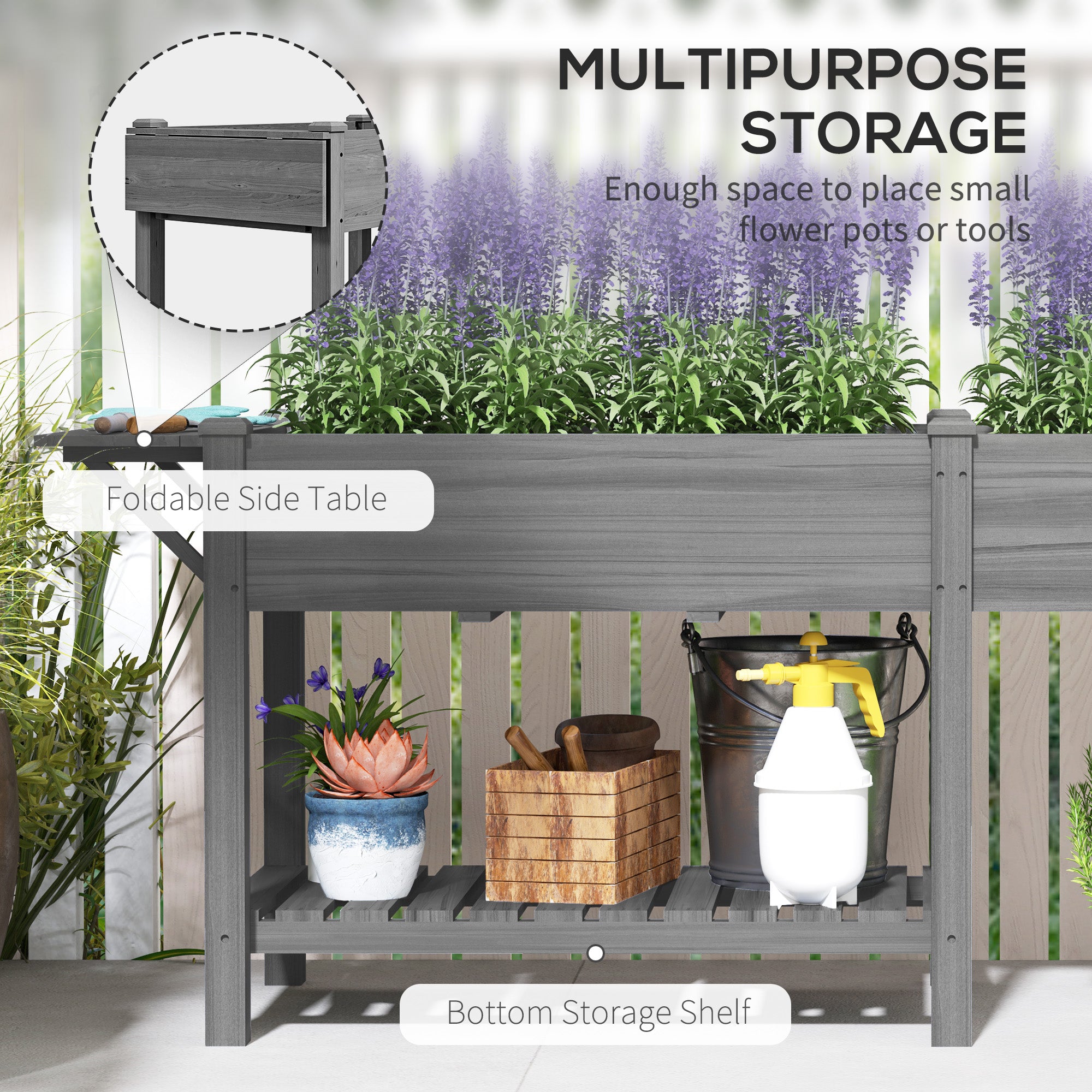 Wood Raised Garden Box, Elevated Garden Bed with Side Table, Bottom Shelf, Bed Liners and Drainage Holes, Gray