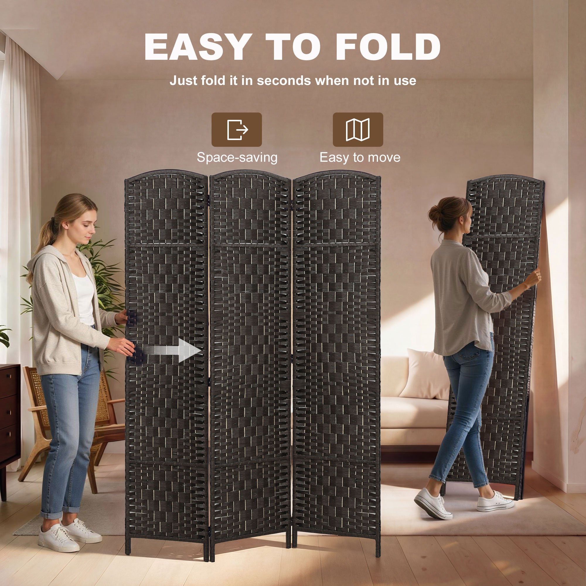 Room Divider, 3 Panel Folding Privacy Screen, 70.9" Tall Portable Weave Partition Wall Divider for Bedroom, Coffee