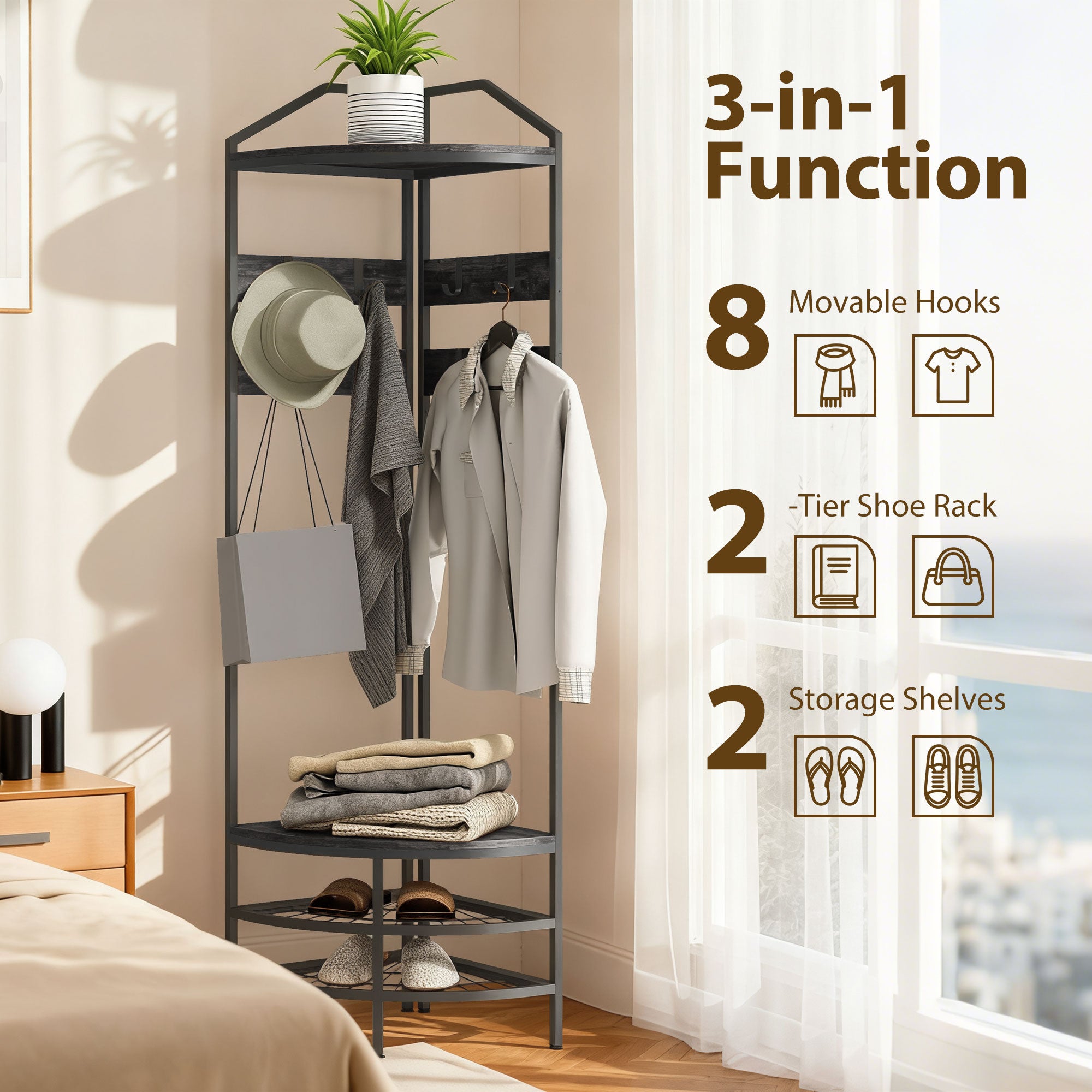 Corner Hall Tree, Industrial 4-Tier Coat Rack with Shoe Storage, 8 Movable Hooks and 2 Shelves for Hallway, Black