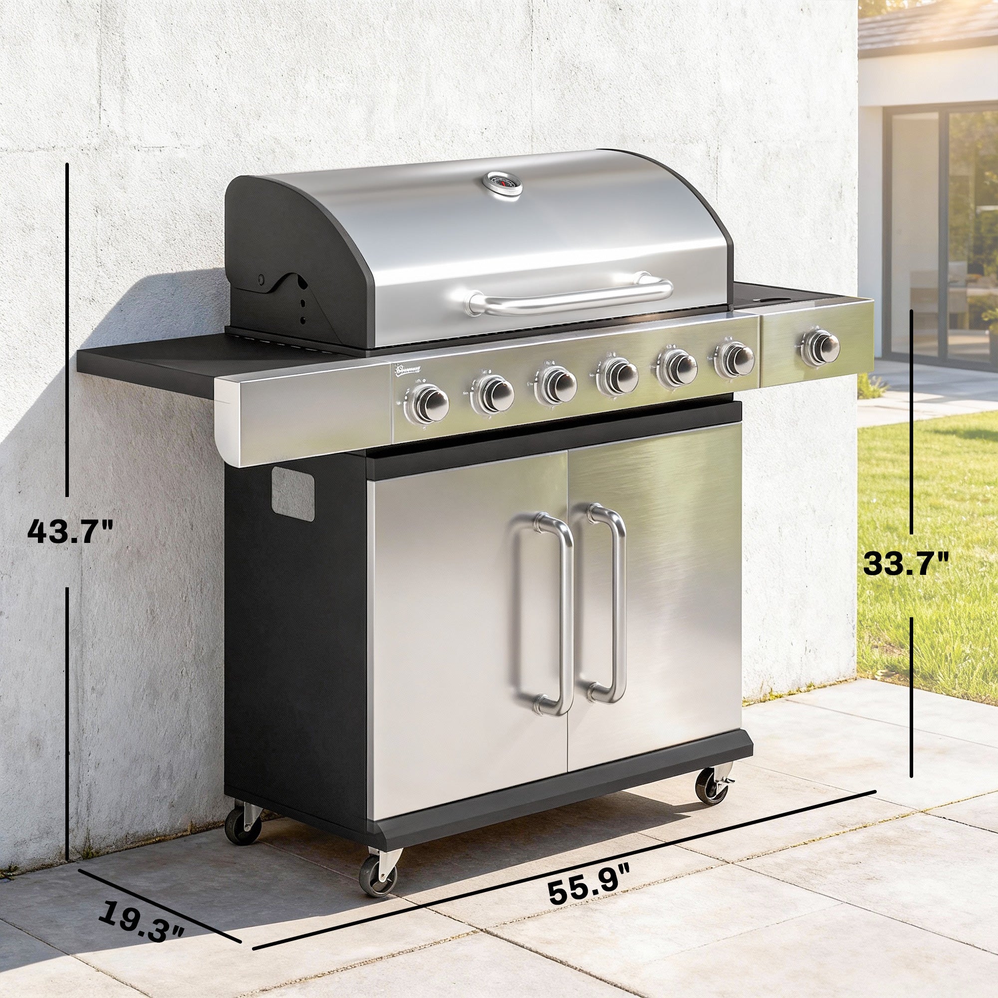 6 Burner Propane Gas Grill with Side Burner, Barbecue Grill with Cast Iron Grates, Wheels, Side Tables, Cabinet