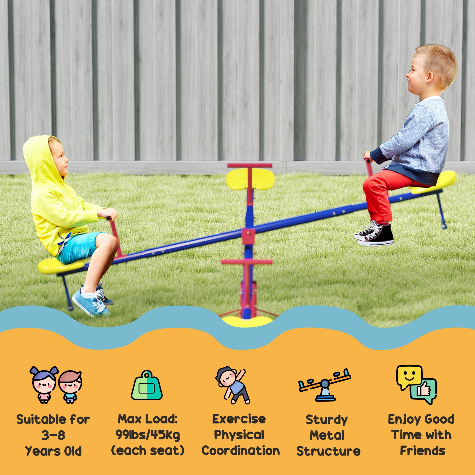 Kids Seesaw Swivel Teeter Totter with 360° Spinning, 4 Seater Seesaw Outdoor Playground Equipment for Backyard, Boys and Girls Aged 3-8 Years Old