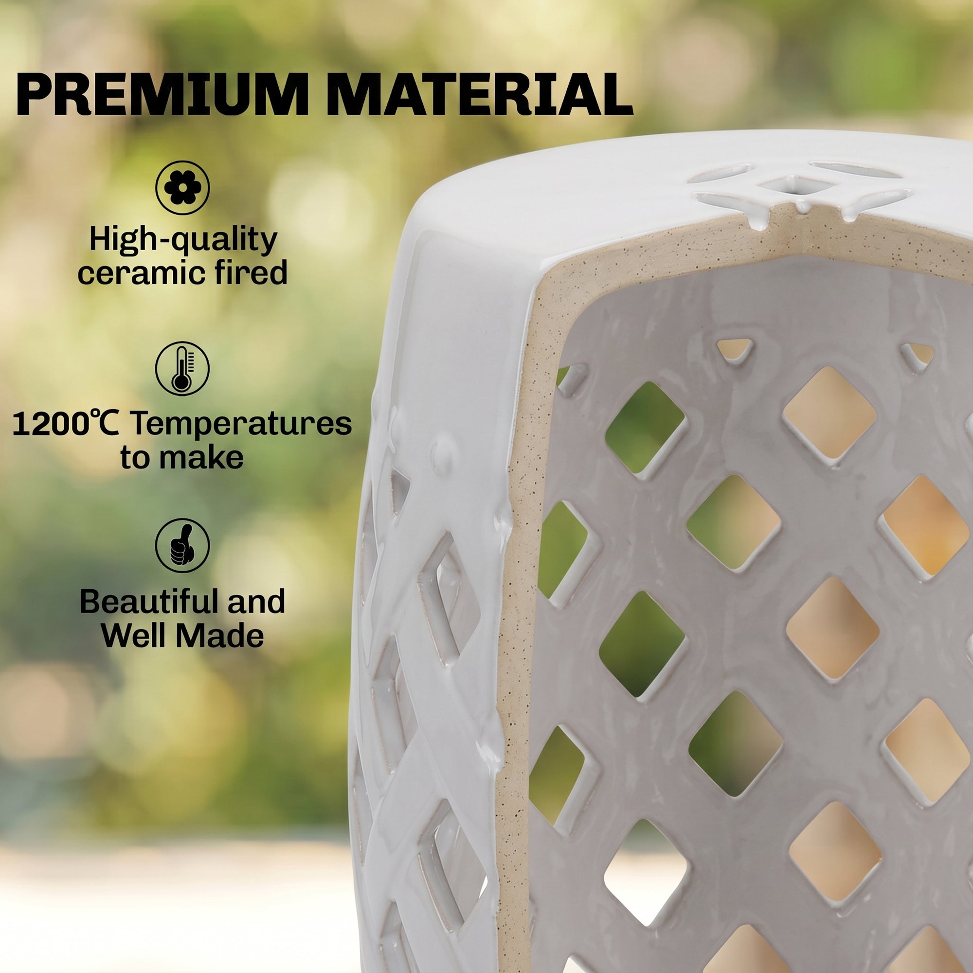 12.5" x 18" Ceramic Garden Stool with Woven Lattice Design & Glazed Strong Materials Decorative Outdoor Stool, White
