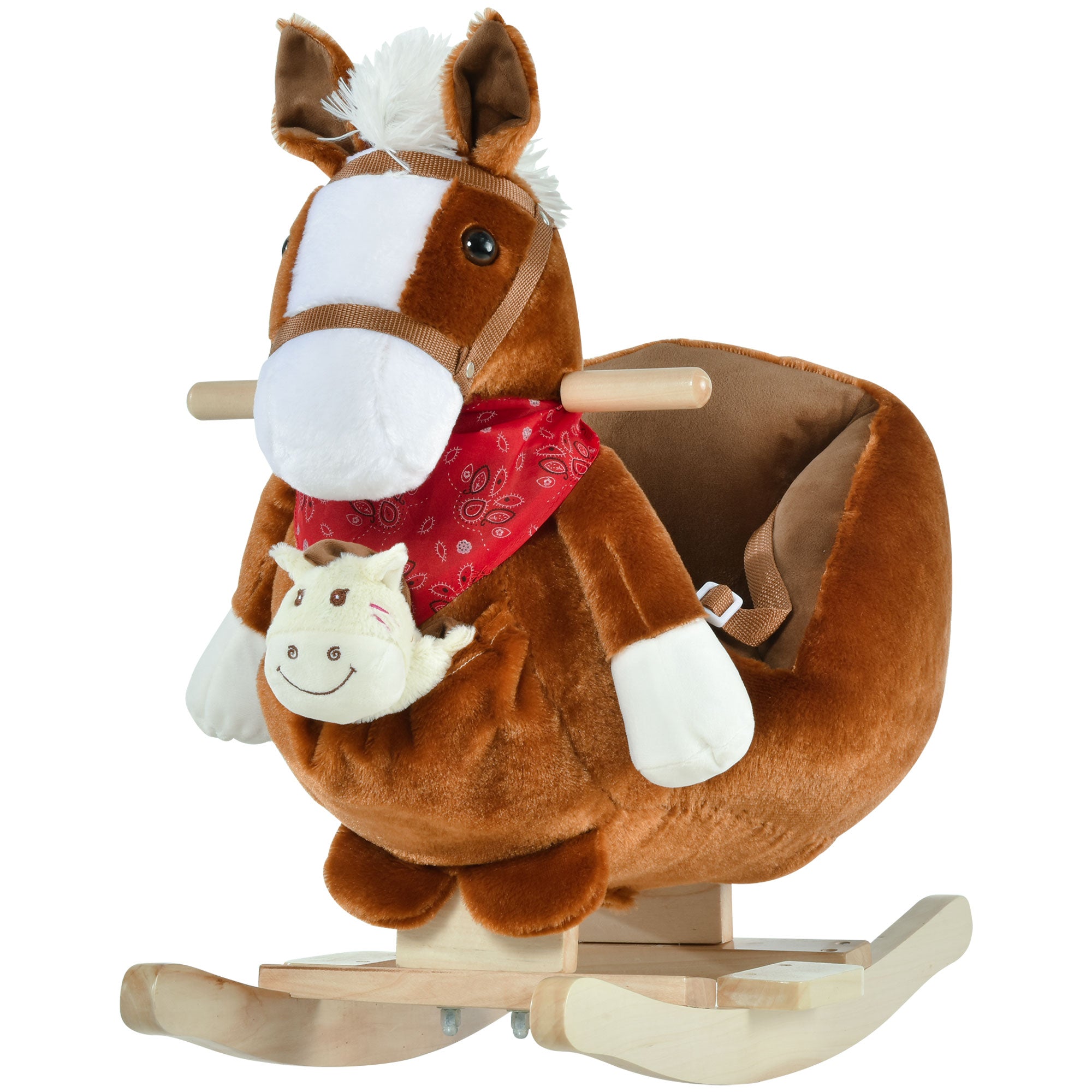 Kids Ride-On Rocking Horse Toy, Rocker with Lullaby Song, Hand Puppets & Soft Plush Fabric for Children 18-36 Months, Brown