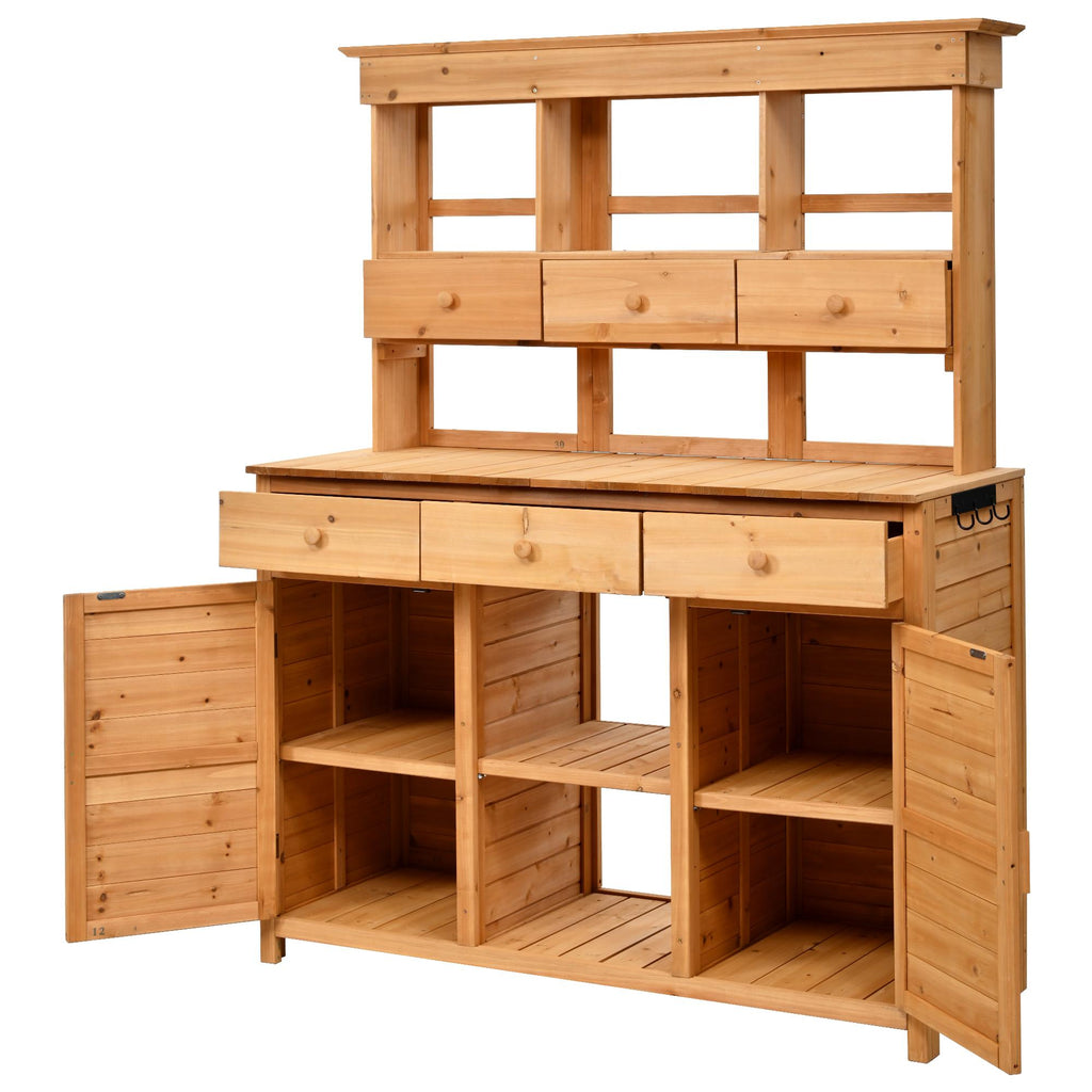 Tall Potting Bench with 3 Shelves, 6 Drawers, Hutch and Cabinet, Wood Garden Workstation for Patio, 50'' L x 20.5'' W x 65.5'' H, Natural