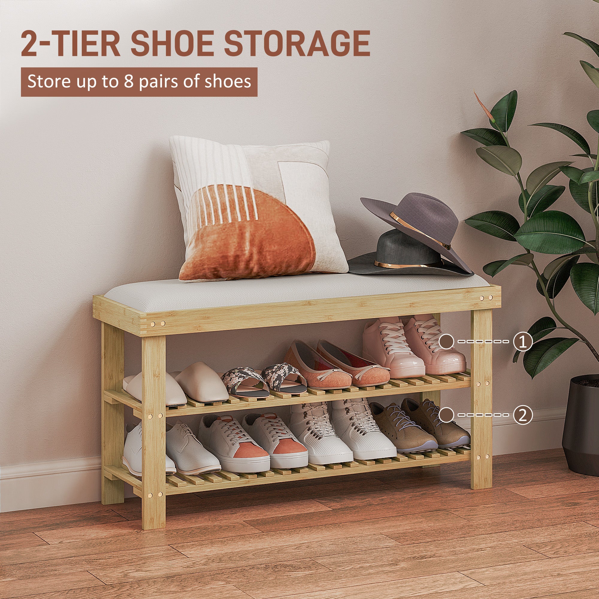 Bamboo Shoe Storage Bench, 3-Tier Entryway Bench with Cushion, Shoe Organizer for Entryway, Hallway, Natural