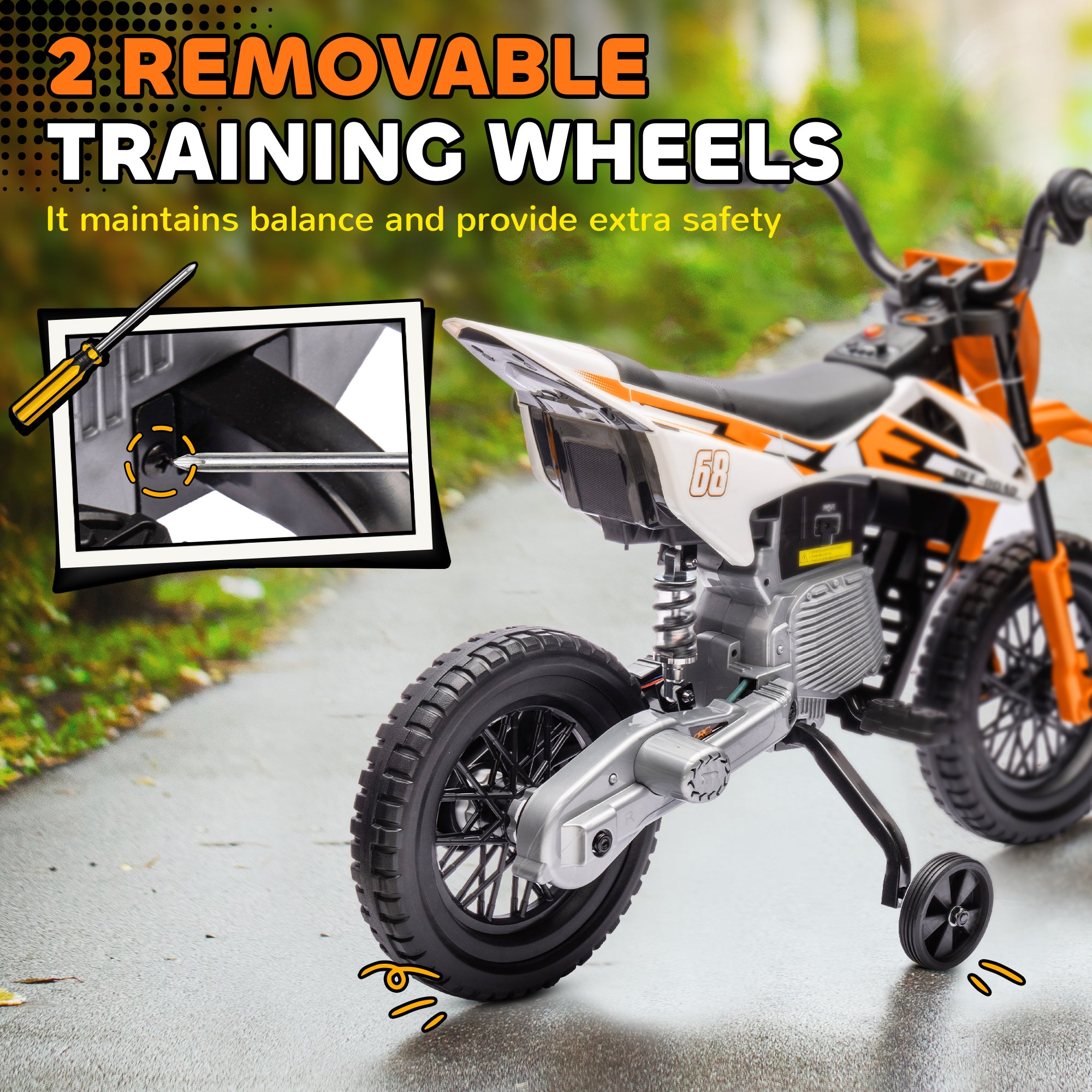 12V Kids Electric Motorcycle w/ Twist Grip Throttle, Training Wheels, Rear Suspension & Music, Orange