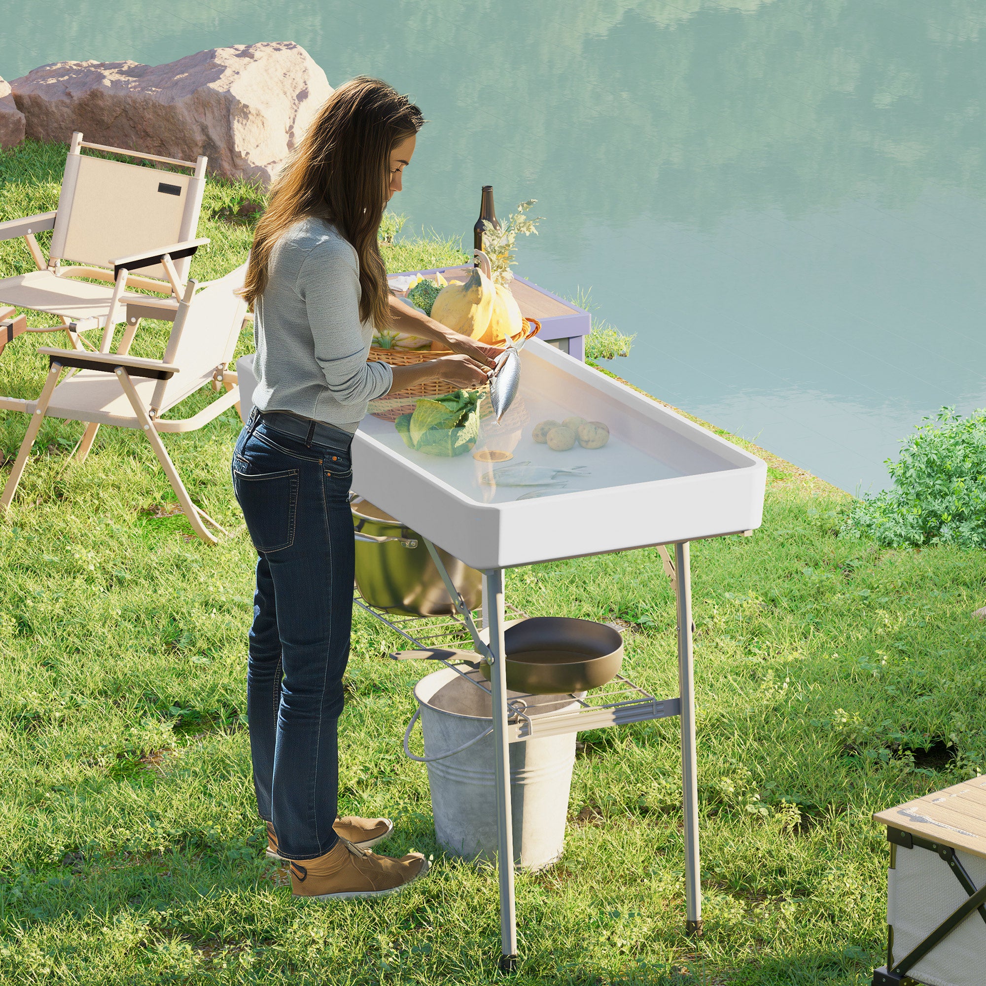 3.4ft Folding Ice Cooler Table with Drain, Fill and Chill Table Outdoor Table Cooler with Storage Shelf, Drink Cooler for Parties Picnic BBQ Camping Wedding, White