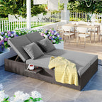Outdoor Patio Sunbed with Adjustable Backrest & Side Tray, Wicker Rattan Lounger with Thick Cushion, 47" L x 29.5" W x 15" H, Gray