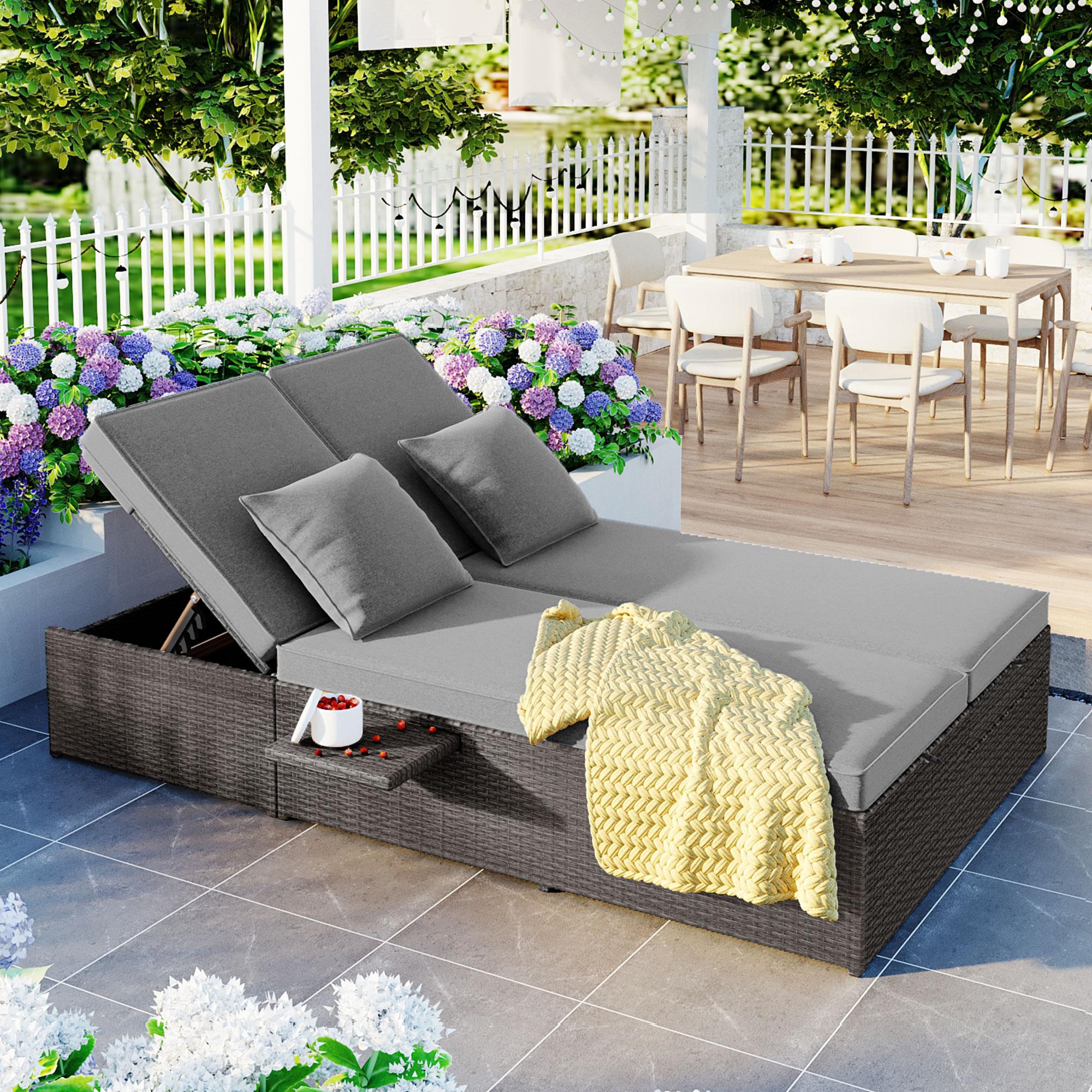 Outdoor Patio Sunbed with Adjustable Backrest & Side Tray, Wicker Rattan Lounger with Thick Cushion, 47" L x 29.5" W x 15" H, Gray