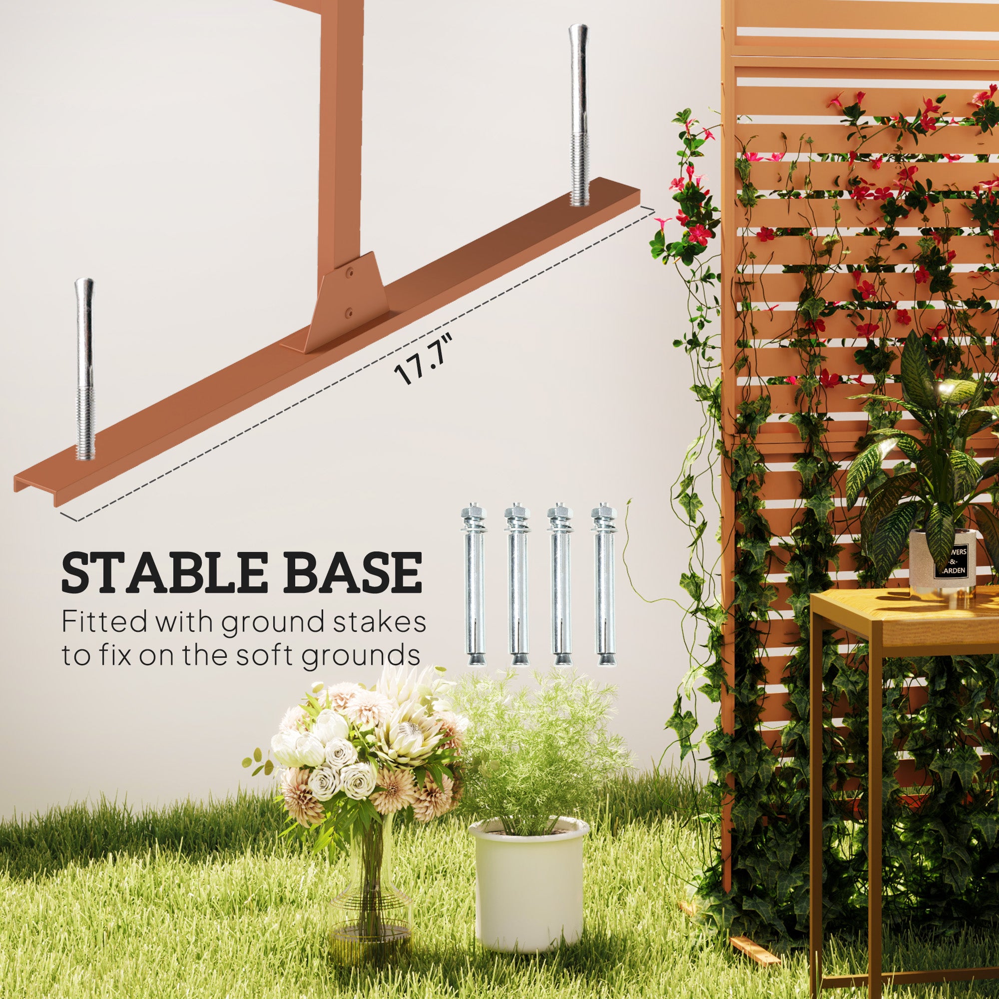 Decorative Privacy Fence Screen, Metal Outdoor Privacy Screen Climbing Plant Trellis with Stand, 78" H x 48" W, Brown