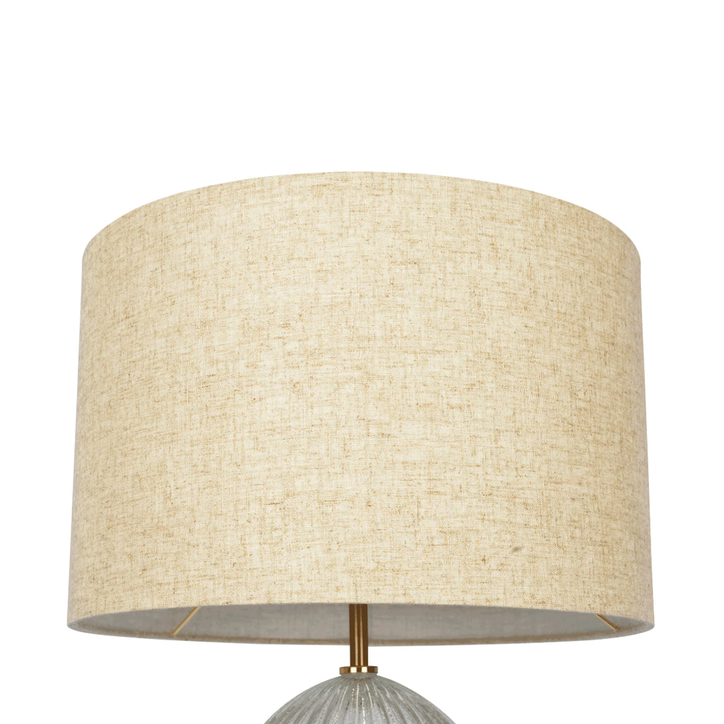 Aurora Ribbed Glass Table Lamp with Large Linen Shade, Elegant Design and Golden Base, 12" L x 12" W x 17" H, Beige+Clear