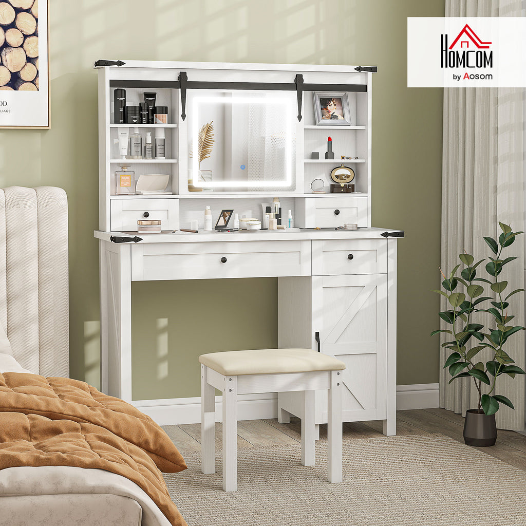 Vanity Desk Set with Mirror and Lights, Cushioned Stool, Storage Drawer, Cabinet, Shelves for Bedroom, White