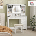 Vanity Desk Set with Mirror and Lights, Cushioned Stool, Storage Drawer, Cabinet, Shelves for Bedroom, White