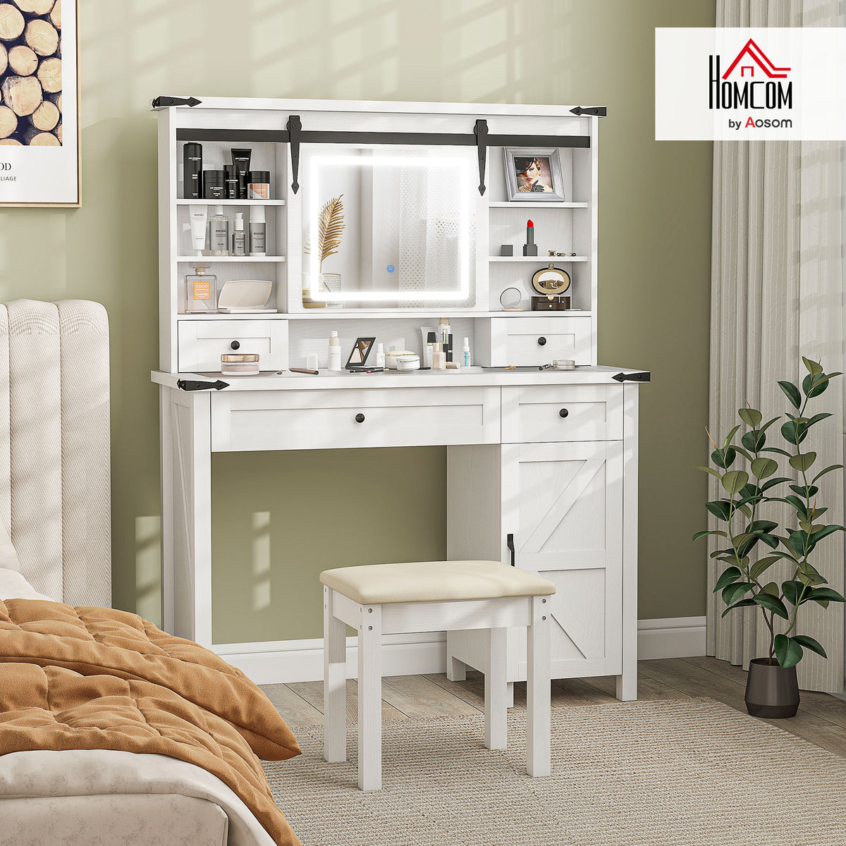 Vanity Desk Set with Mirror and Lights, Cushioned Stool, Storage Drawer, Cabinet, Shelves for Bedroom, White