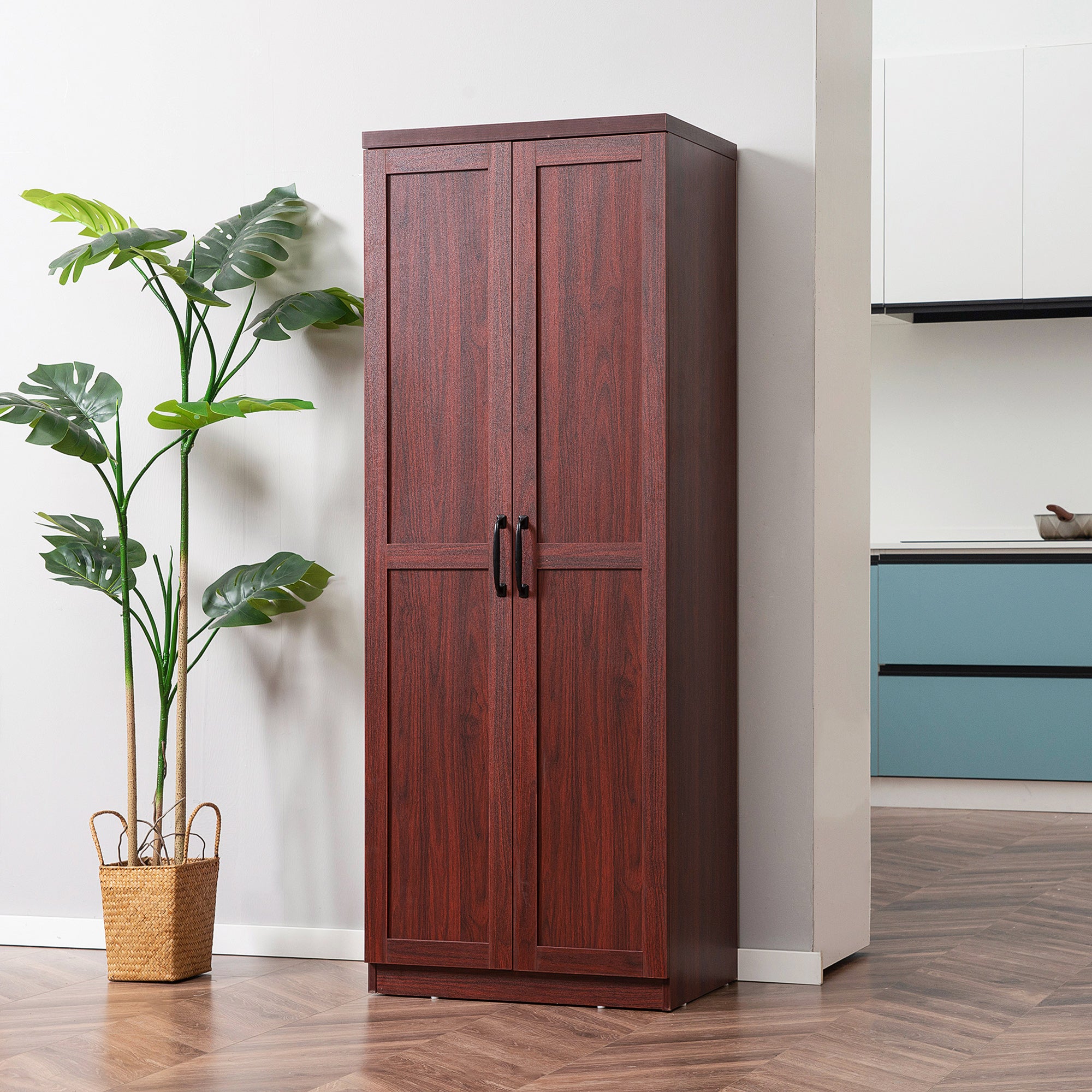 63" 2-Door Kitchen Pantry, Freestanding Storage Cabinet with 5-tier Shelving and 2 Adjustable Shelves for Dining Room, Espresso