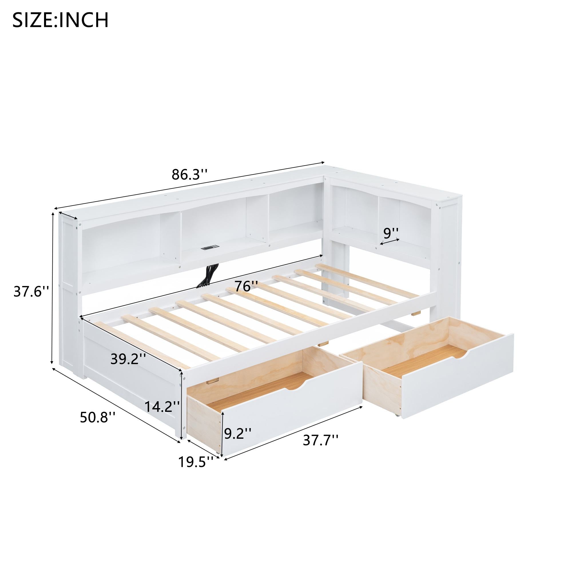 Twin Size Daybed with 2 Storage Drawers, Storage Cabinets, USB Ports, Solid Wood and MDF, 86" L x 51" W x 37.5" H, White