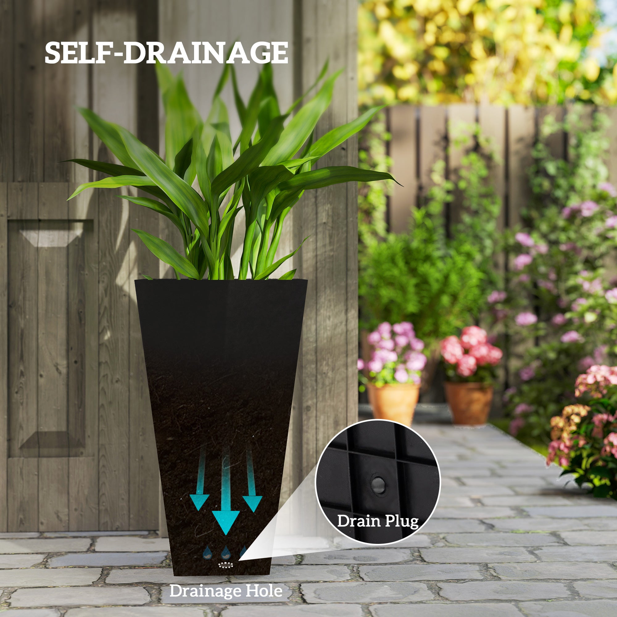 Tall Planters for Outdoor Plants Set of 3, 28 In Taper Planters with Drainage Holes, Indoor Grande Plant Pots, Front Porch Decor, Black