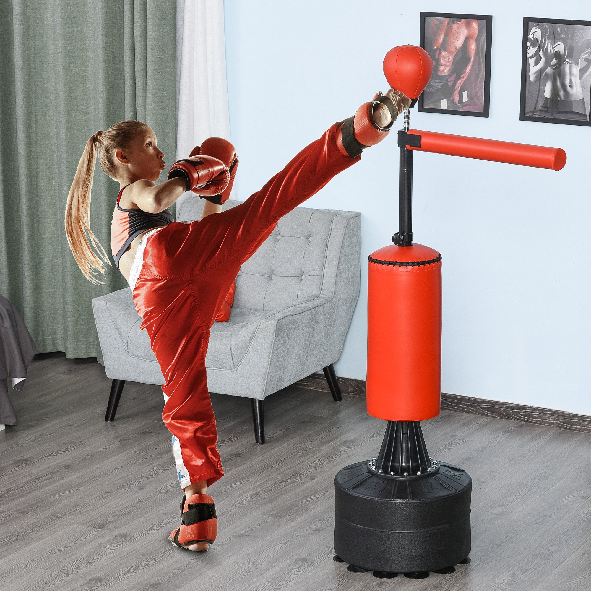 Boxing Bag, Freestanding Punching Bag with Speed Ball, Rotating Boxing Bar and Gloves, Weighted Base