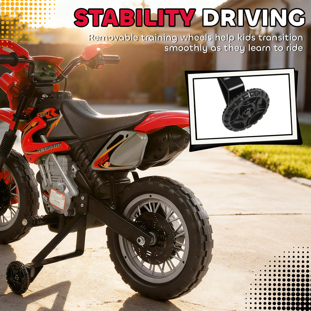 6V Kids Motorcycle, Electric Motorcycle with Dirt Bike Style, Street Bike Design Battery Powered Ride On Toy with Training Wheels, Headlight, Music, Ages 5-8, Red