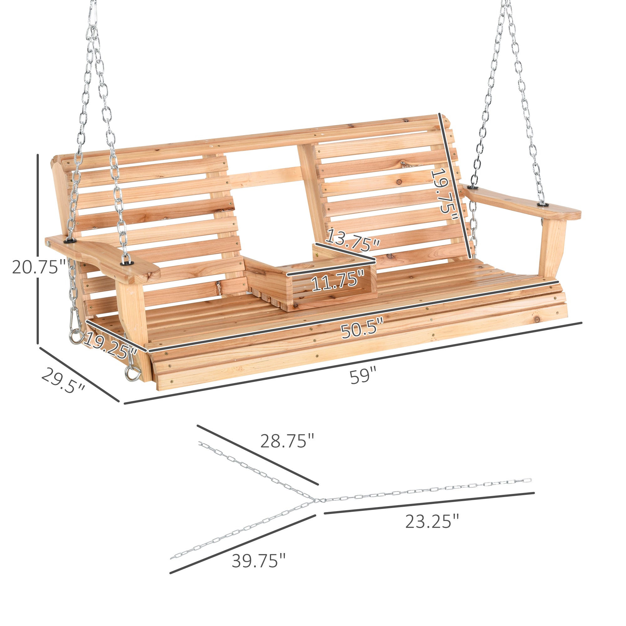 3-Seater Wood Porch Swing, Patio Swing Bench with Folding Coffee Table, Cup Holders, 440lbs Weight Capacity, Natural