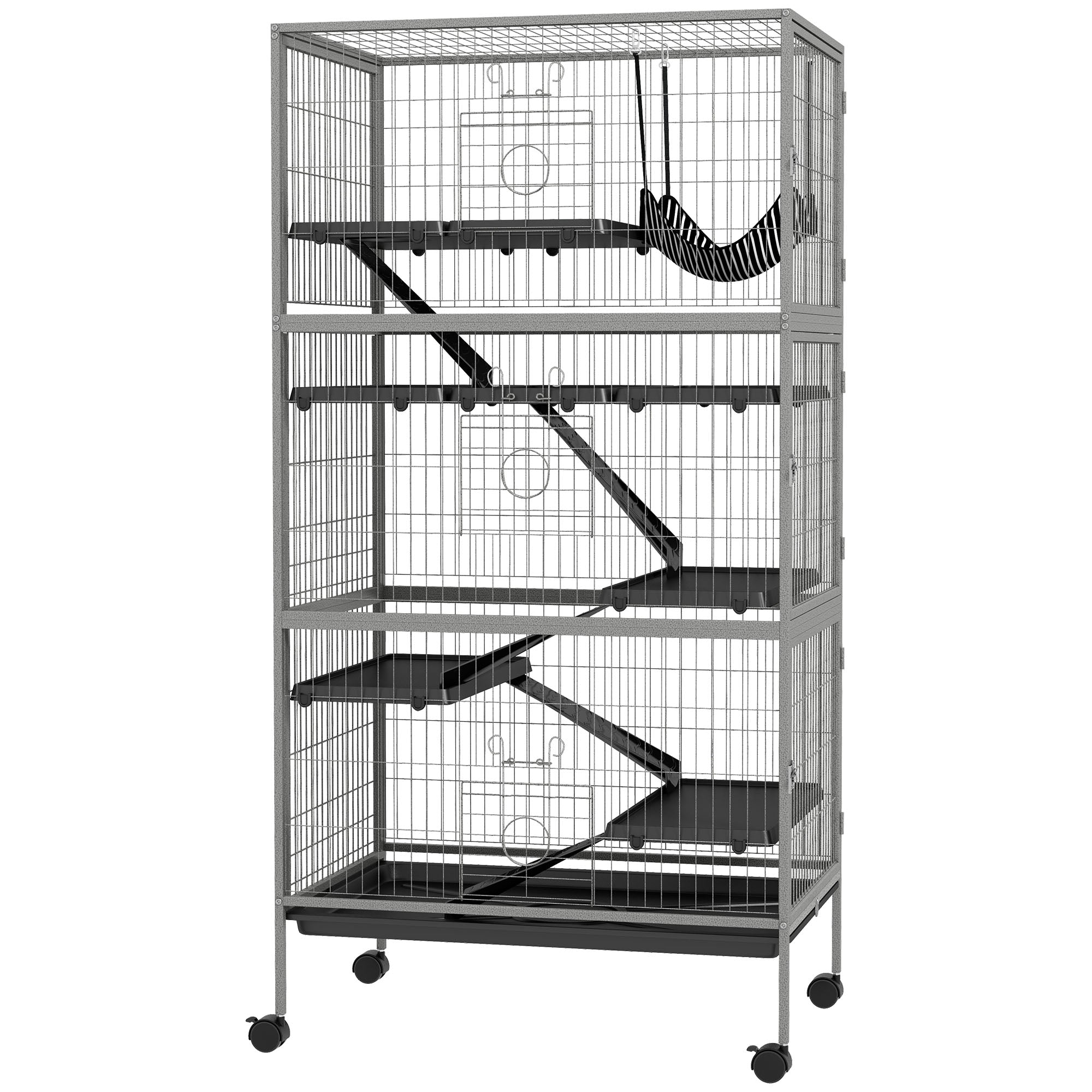 63" H Rolling Small Animal Cage with Hammock, Ferret Cage, Chinchilla Cage, Pet Habitat with 6 Doors, Removable Tray