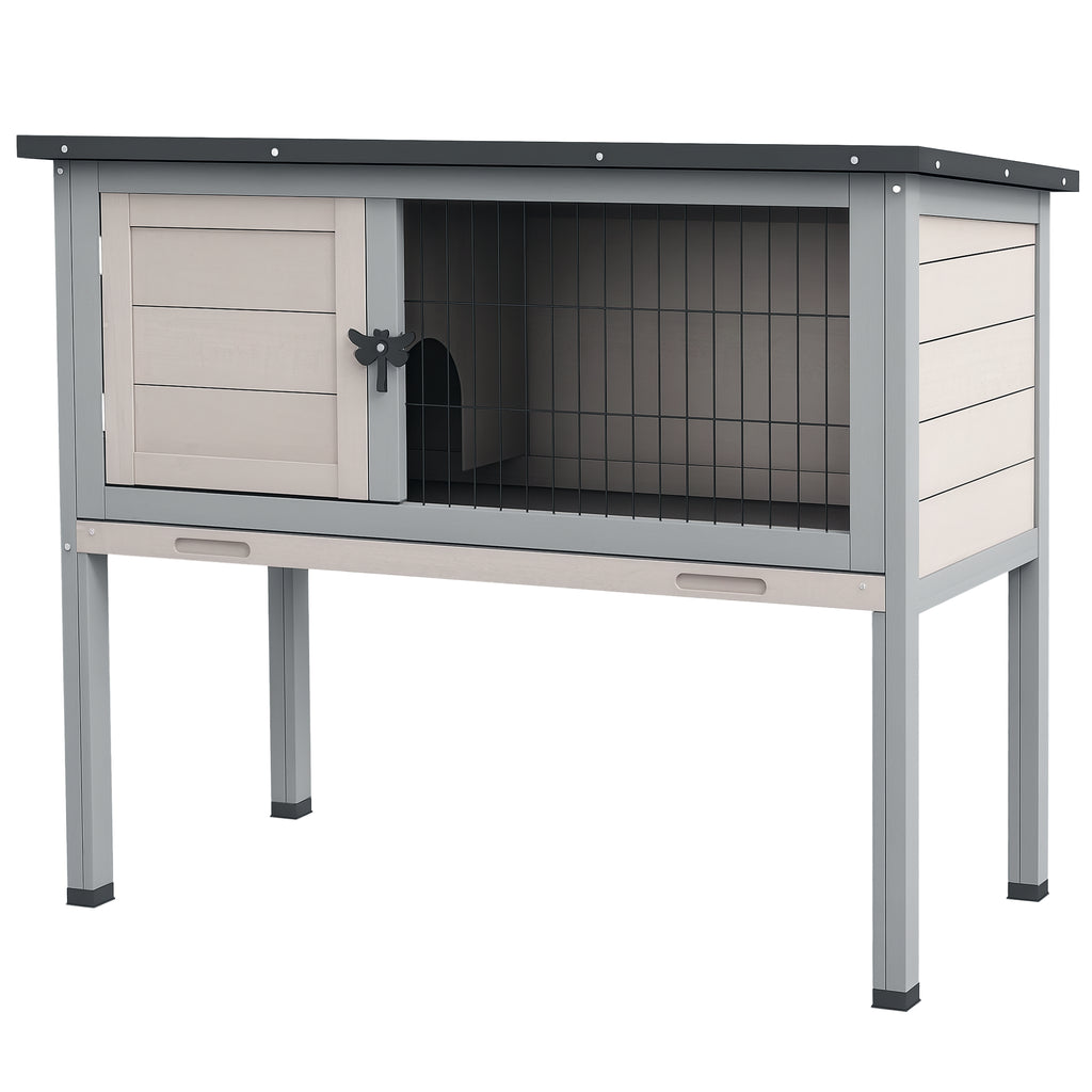 Elevated Rabbit Hutch, Wooden Bunny Cage with Hinged Asphalt Roof and Removable Tray, for Indoor/Outdoor, Gray