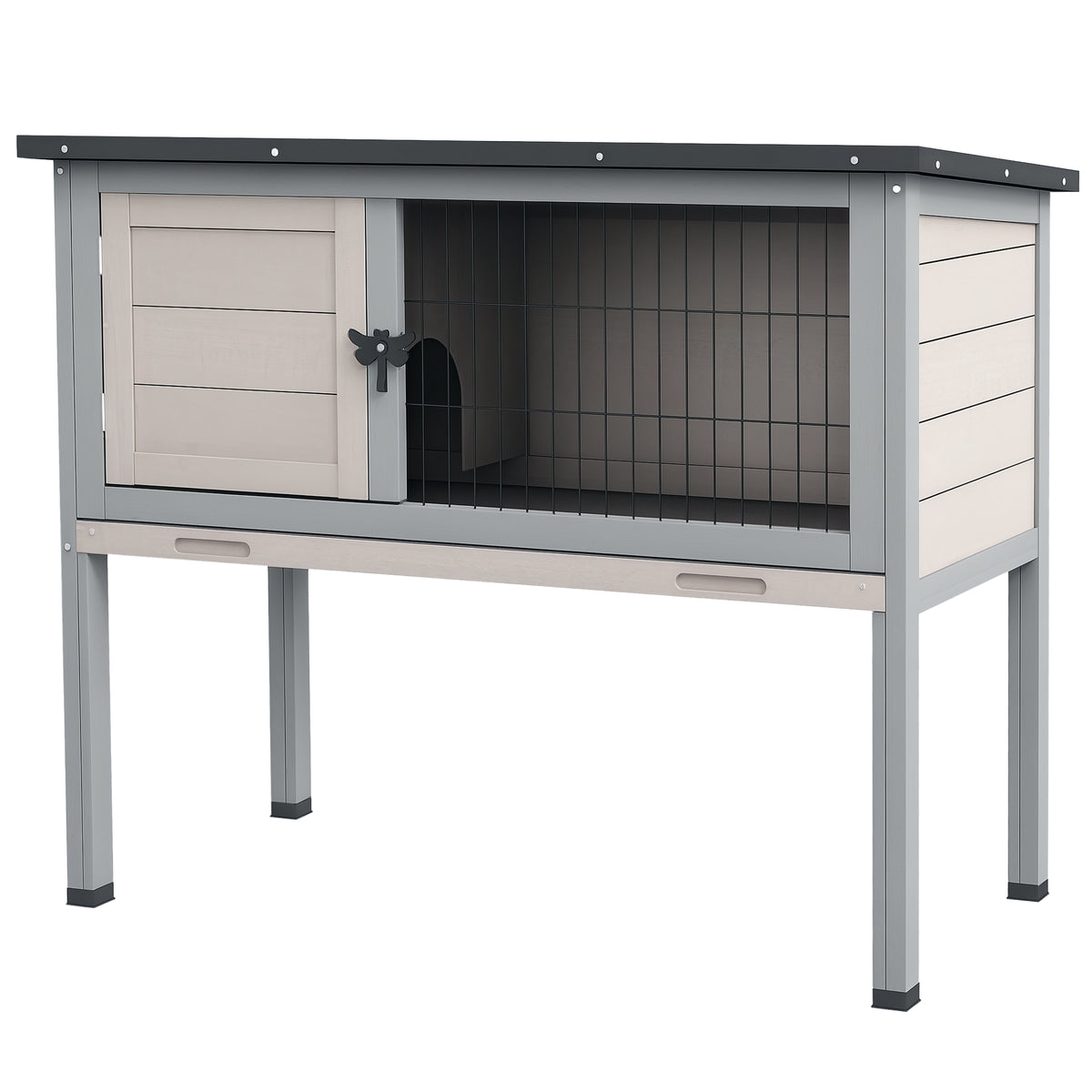 Elevated Rabbit Hutch, Wooden Bunny Cage with Hinged Asphalt Roof and Removable Tray, for Indoor/Outdoor, Gray