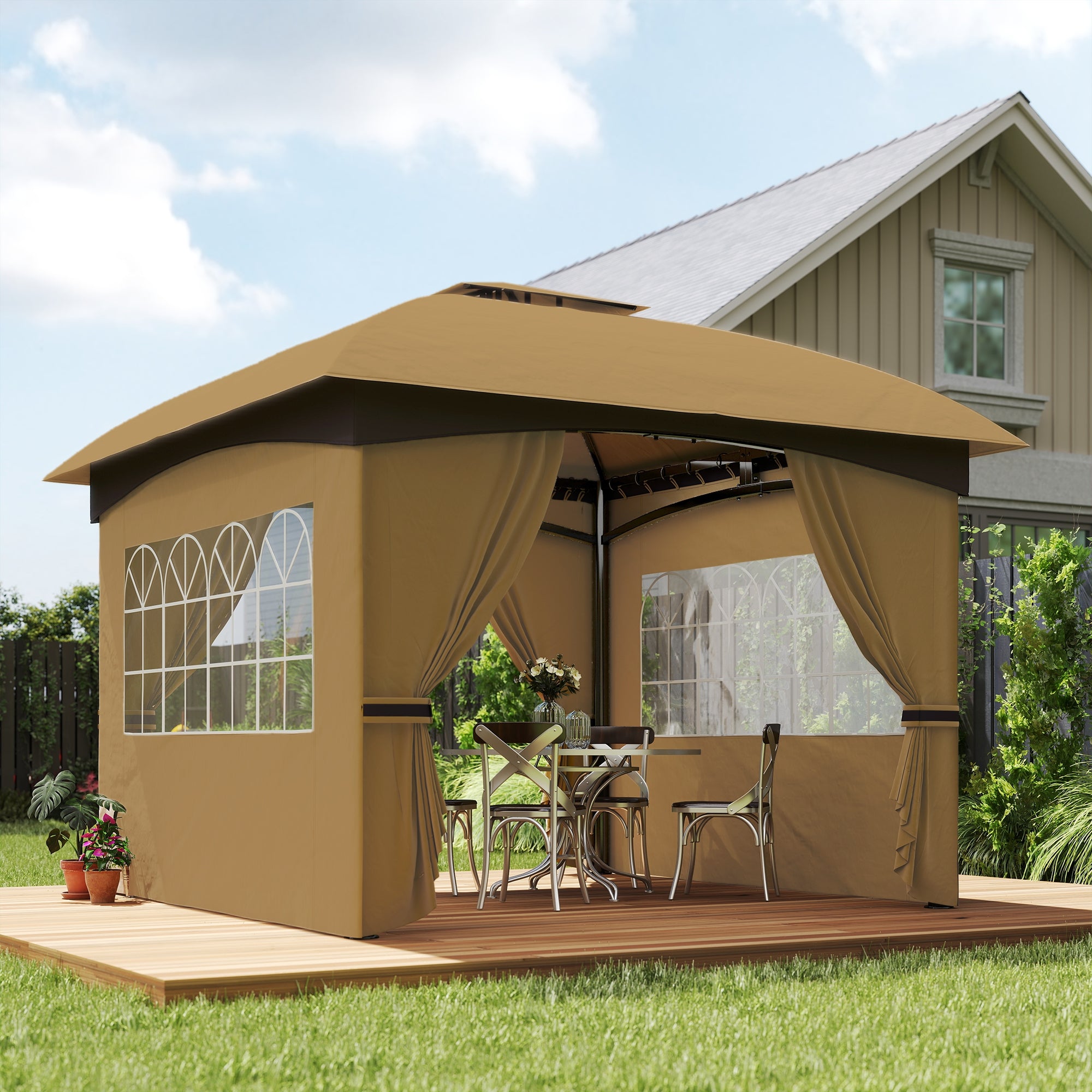 11' x 11' Outdoor Gazebo, Double Roof Patio Gazebo with Curtains, Church Windows, Galvanized Steel Frame, Beige