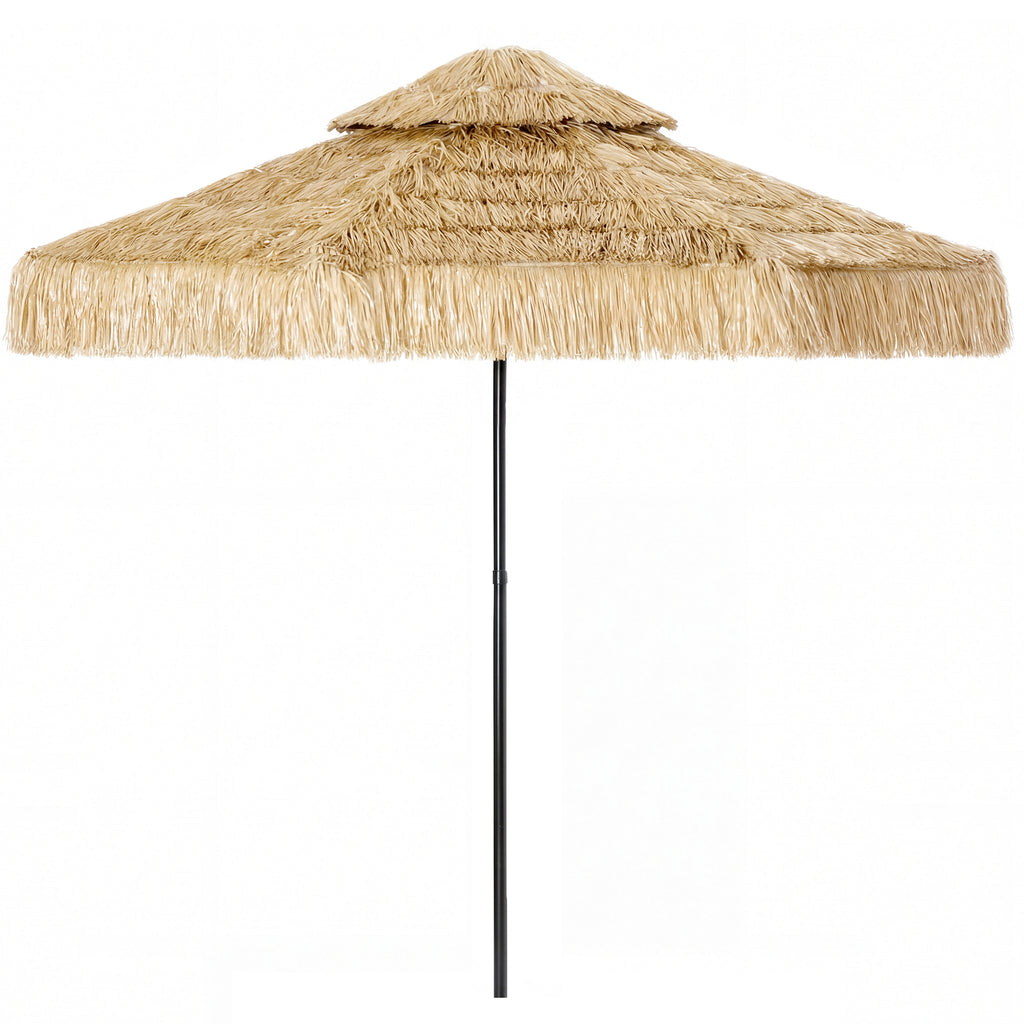 8.5 FT Hula Thatched Tiki Patio Umbrella, 2-Tier Tropical Hawaiian Style Outdoor Umbrella with 8 Ribs, UPF30+, Khaki