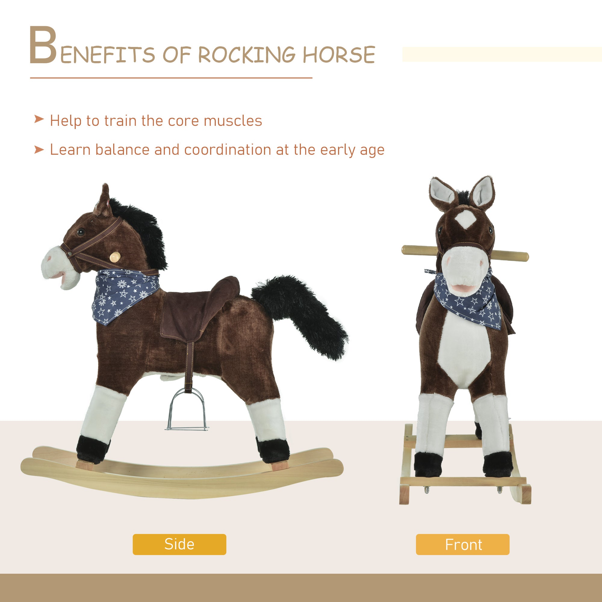 Kids Plush Ride-On Rocking Horse Toy Cowboy Rocker with Fun Realistic Sounds for Child 3-6 Years Old, Brown