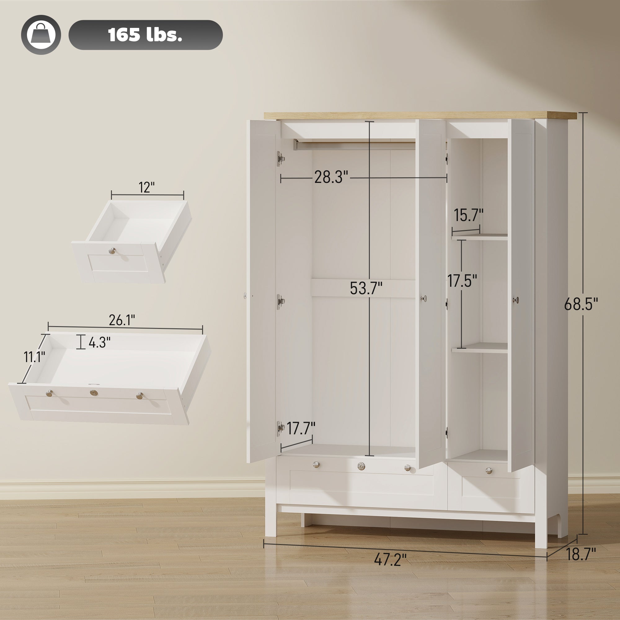 3 Doors Wardrobe Closet with 2 Drawers, Bedroom Armoire with Lockable Drawer, Hanging Rod and Storage Shelves, White