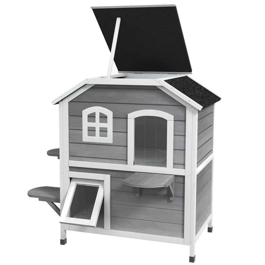 2-story Cat House Outdoor, Weatherproof Wooden Cat Enclosure for Feral Cats with Escape Door, Openable Roof, Jumping Platforms, Gray