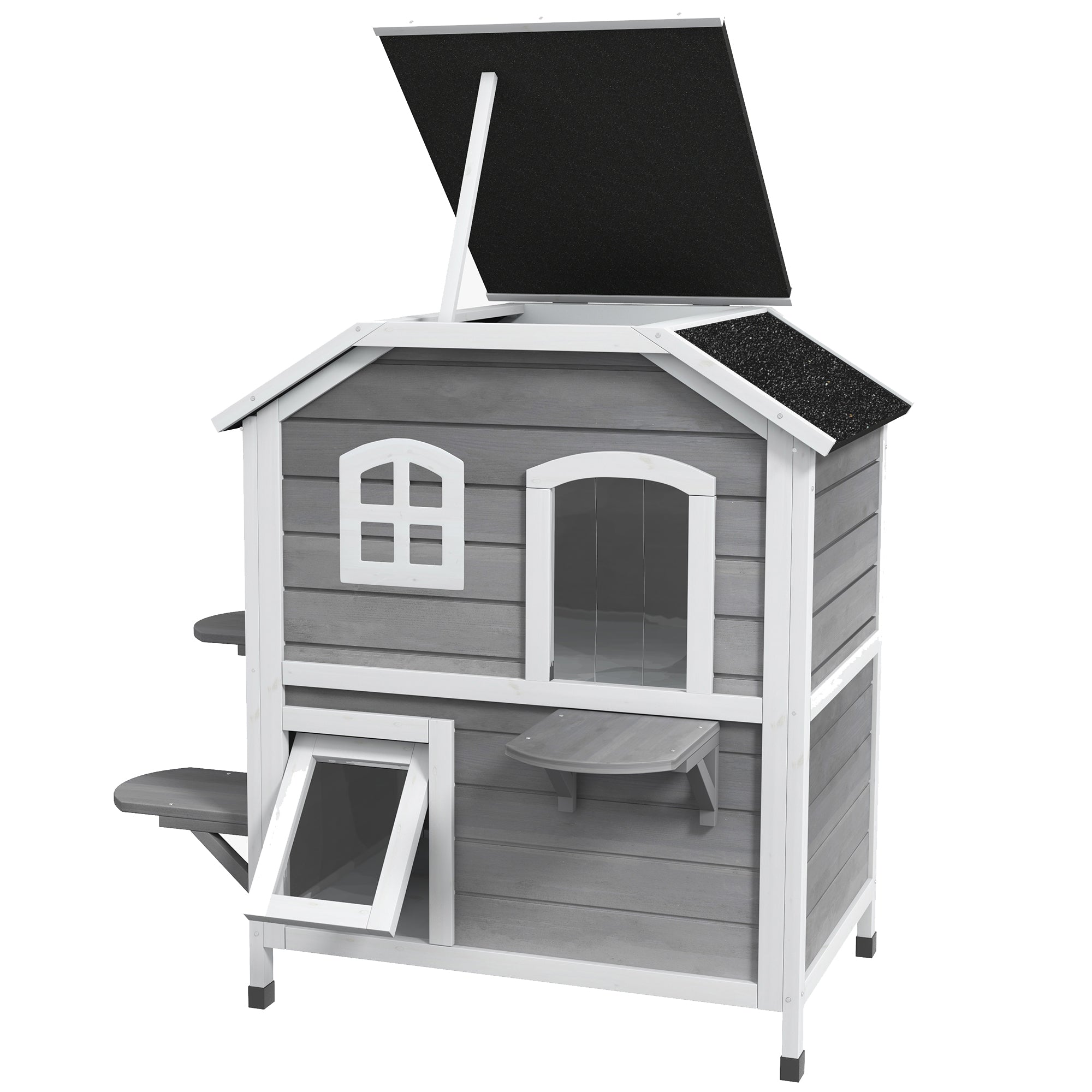 2-story Cat House Outdoor, Weatherproof Wooden Cat Enclosure for Feral Cats with Escape Door, Openable Roof, Jumping Platforms, Gray