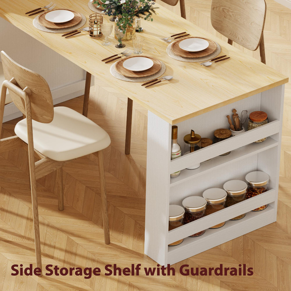Kitchen Island with Extendable Table, Double-Sided Storage, Power Outlet, Adjustable Shelves, Lockable Wheels, 83" L x 27.5" W x 36" H, White Oak