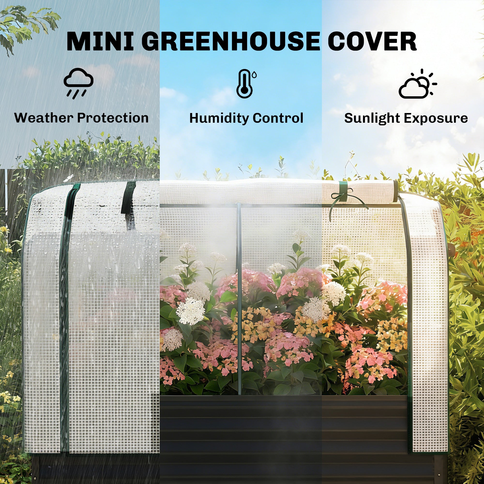 Galvanised Raised Garden Bed with Greenhouse Cover, Metal Elevated Garden Bed with Bed Liner, Bottom Shelf, Black